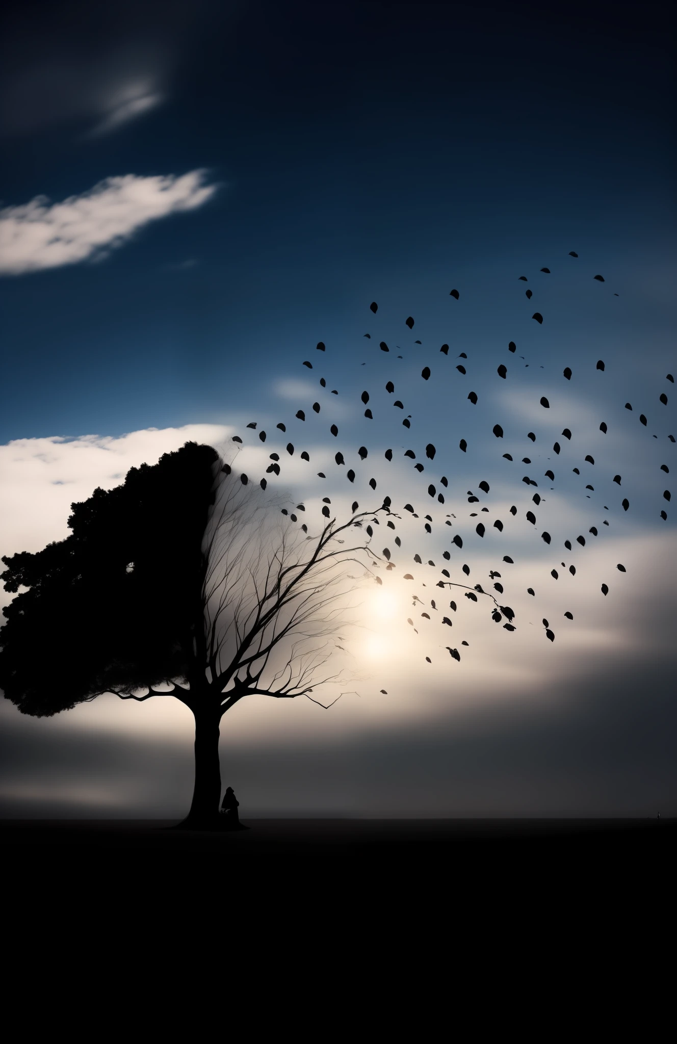 A man stands under a tree,The silhouette in a long trench coat leans against the tree,Looking Up The Sky