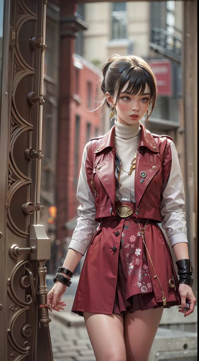 Beautiful woman in intricate Modern Vintage Chic Rocker Outfit
