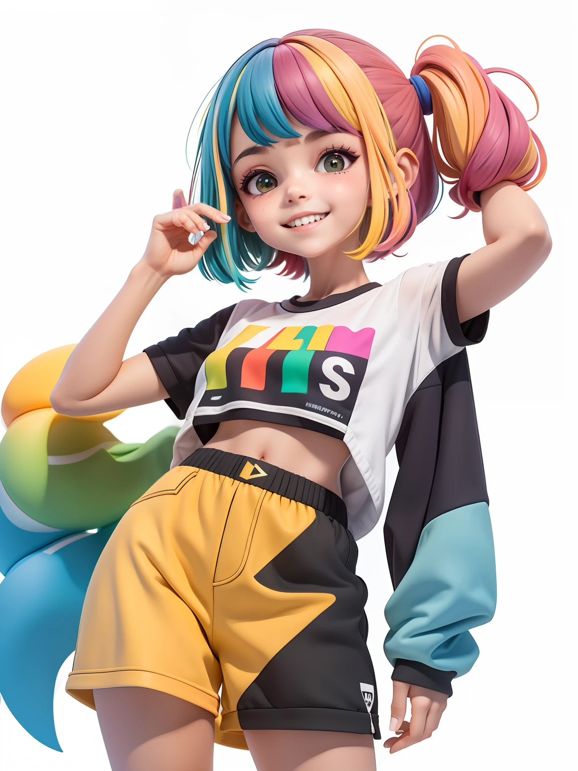 (obra-prima), (melhor qualidade), (ultra-detalhado), (corpo inteiro: 1.2) menina adolescente, moletom, capuz, touca, sorriso claro, corpo inteiro, :3, cabelo colorido e preso, modern accessories, fundo tom pastel , colorido e simples.