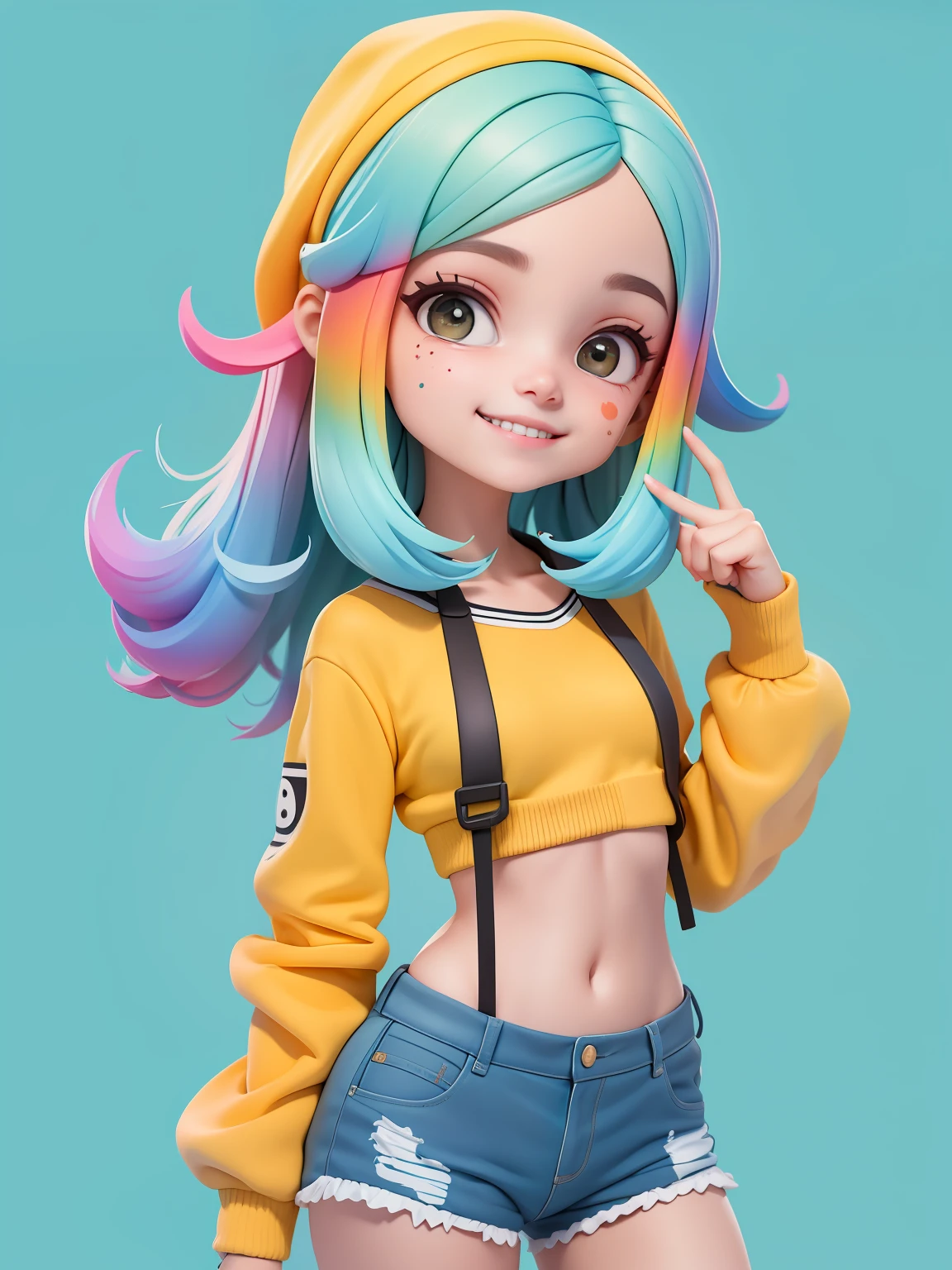 (obra-prima), (melhor qualidade), (ultra-detalhado), (corpo inteiro: 1.2) menina adolescente, moletom, capuz, touca, sorriso claro, corpo inteiro, :3, cabelo colorido e preso, modern accessories, fundo tom pastel , colorido e simples.