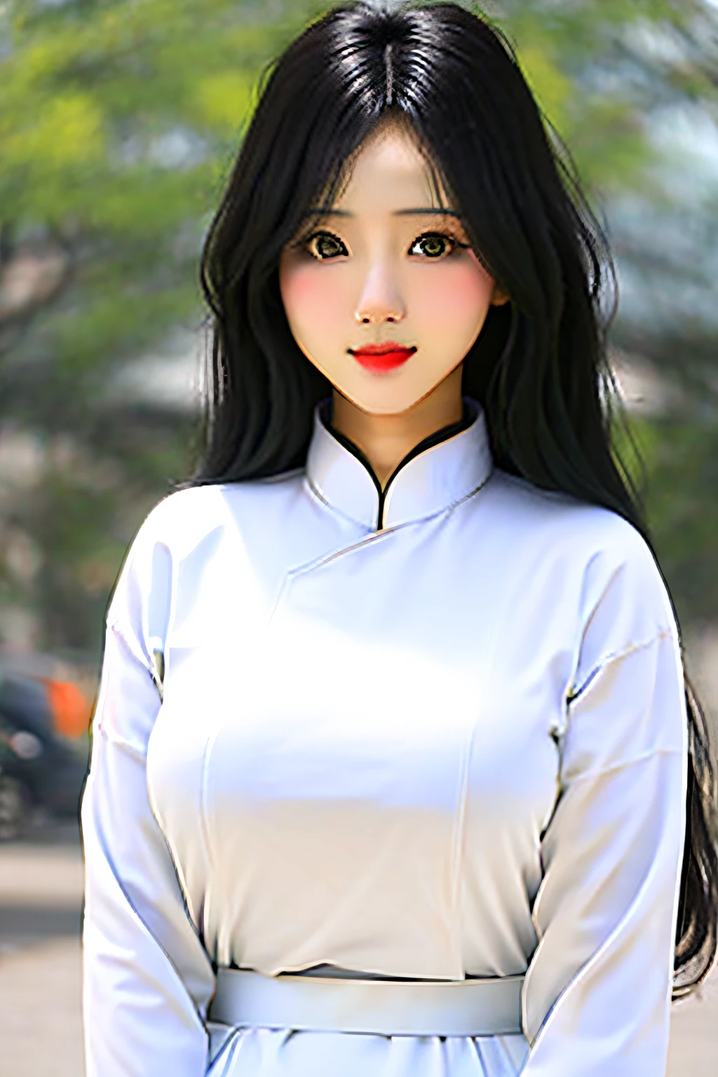 Wearing white Vietnamese Mandai,Melon seed face,Classical beauty,Black straight hair,Height 175 cm,medium boob,Stand between valleys,The sun shines from the upper left corner