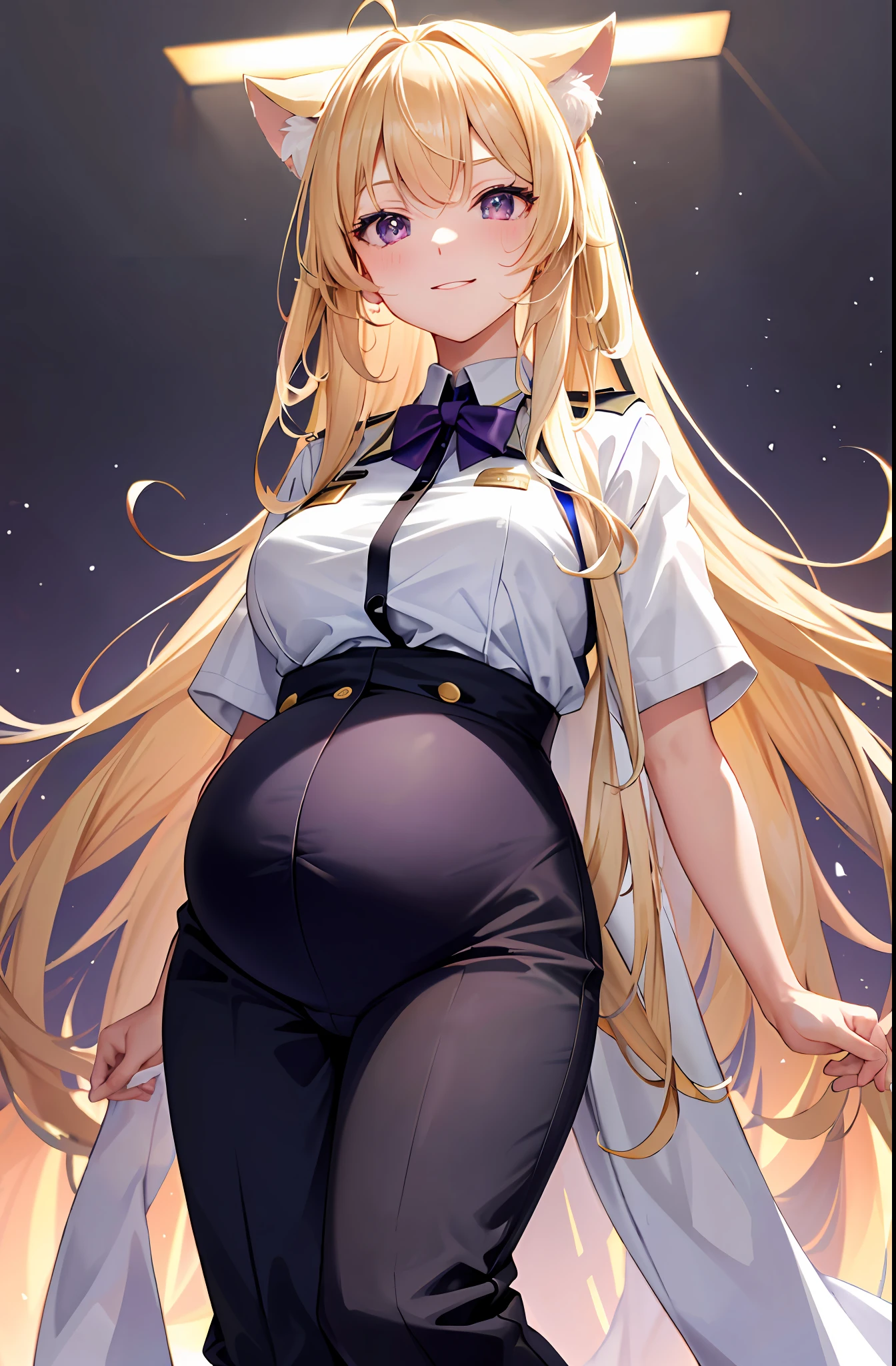 TakaRi， 独奏， 1girl， blond hairbl， long whitr hair， Purple eye， ssmile， standing on your feet， dynamicposes， 8k， tmasterpiece， best qualtiy， absurderes， Perfect anatomy， cinmatic lighting， cowboy lens， （Police uniform：1.1）， trouser，pregnant belly，Pregnant belly