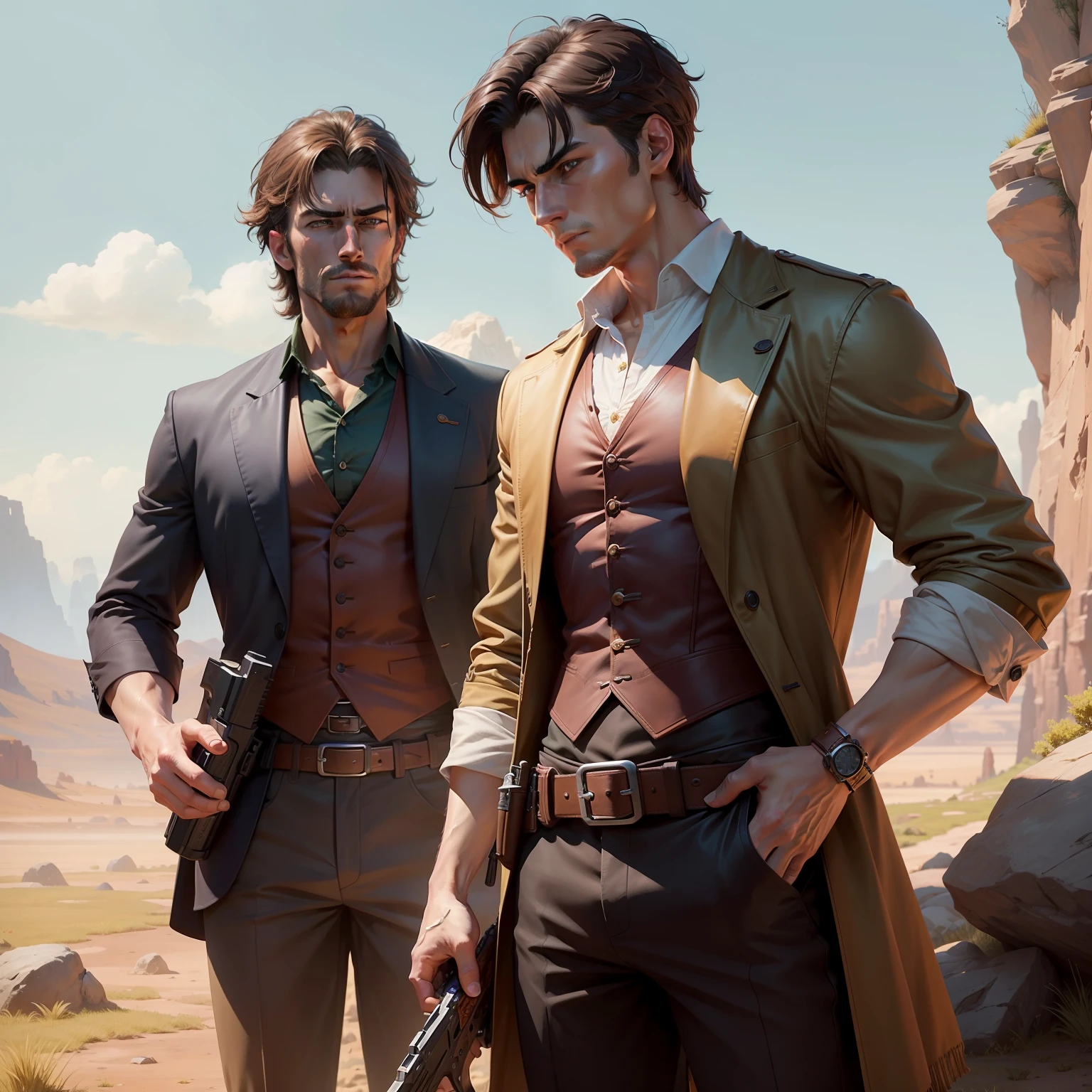 The animations are rich in detail,This is a high-quality 8K masterpiece。25 years old man,A mature and handsome,ultra-short hair:1.2,Western cowboy,fantasy,Take a gun as a weapon,grassland background