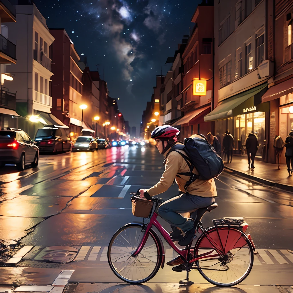 how to write wellhe is riding a bicycle at night and the bark car driver is following him he can't see anything, realistic photo format --auto --s2