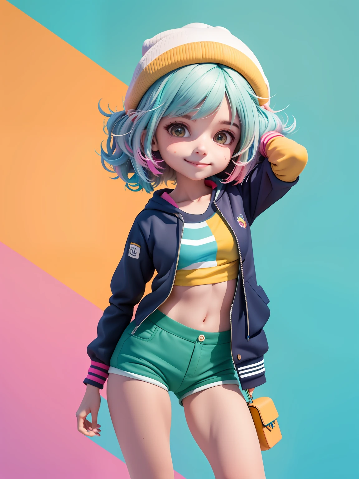 (obra-prima), (melhor qualidade), (ultra-detalhado), (corpo inteiro: 1.2) menina adolescente, moletom, capuz, touca, sorriso claro, corpo inteiro, :3, cabelo colorido e preso, modern accessories, fundo tom pastel , colorido e simples.
