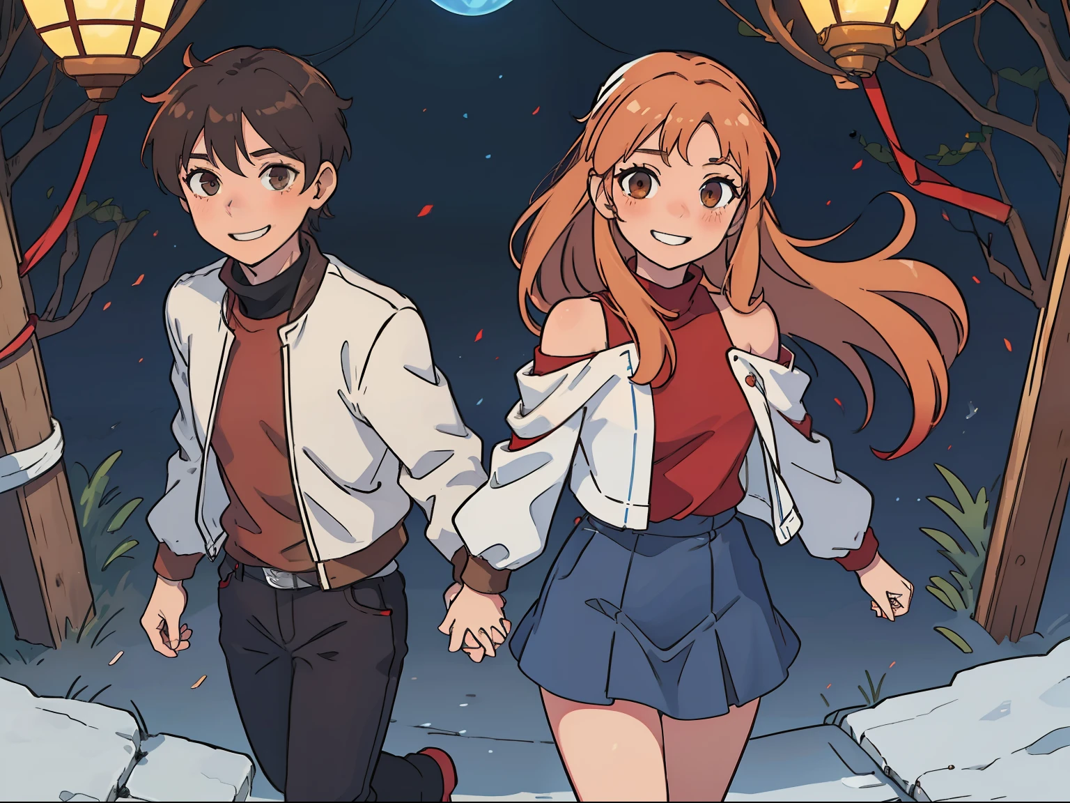 (Asuna1 holding hands with Boy1), (Asuna1, female, long blond hair, brown eyes, blue off-shoulder turtleneck top, red short skirt, white sandals, smiling, blushing), (Boy1, male, short red brushed-up hair, red bandanna, brown eyes, black leather jacket, blue jeans, smiling), walking happily, no 3rd person