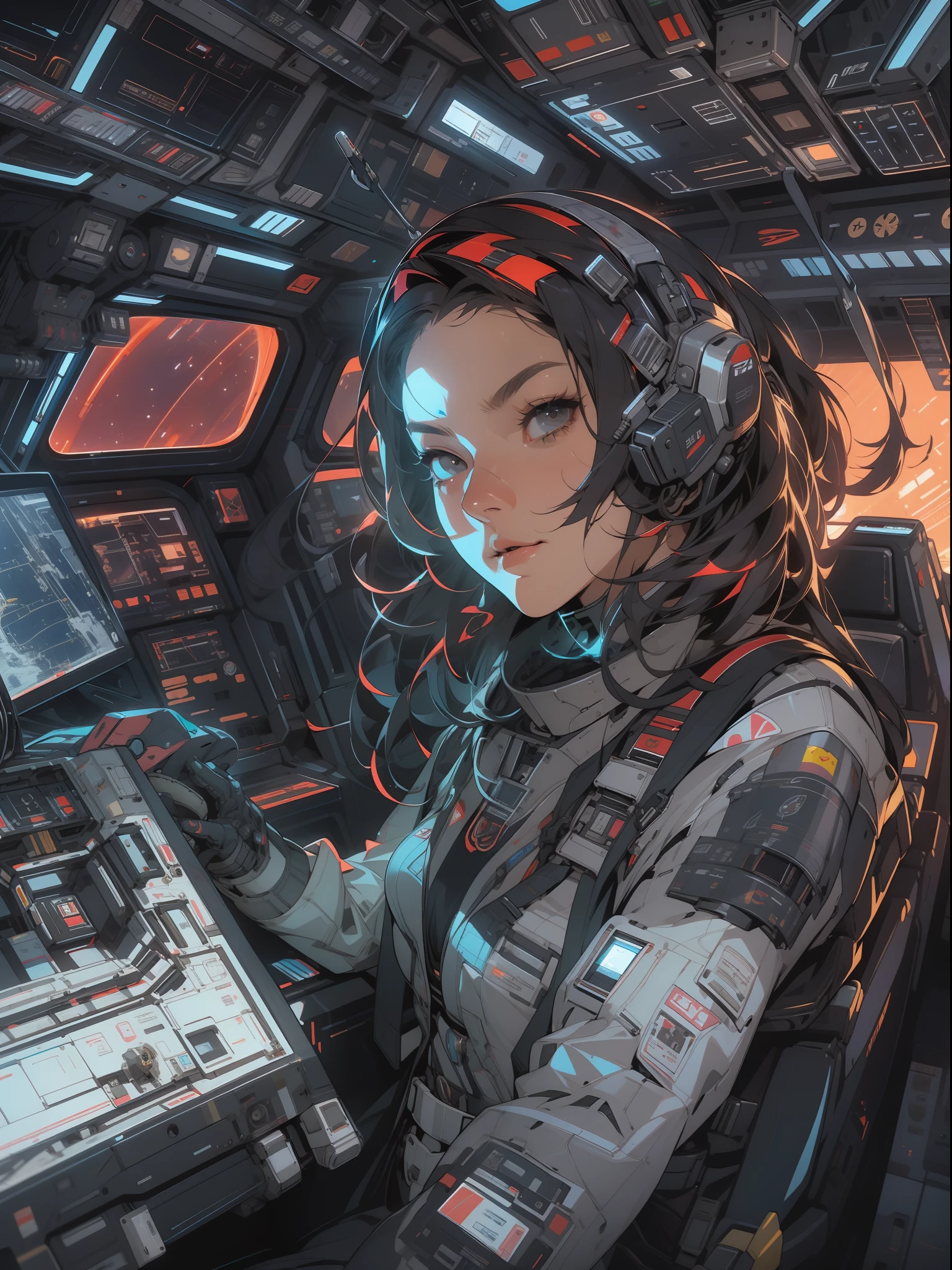 An adult female space fighter pilot inside the cockpit of her ship in a mega detailed suit, seated holding the stick and rejoined by detailed hyper control panels with dials, Buttons and levers, viseira cyberpunk, grafismos hi-tech por todo o traje, melhor qualidade, obra prima, pose sexy, corpo perfeito
