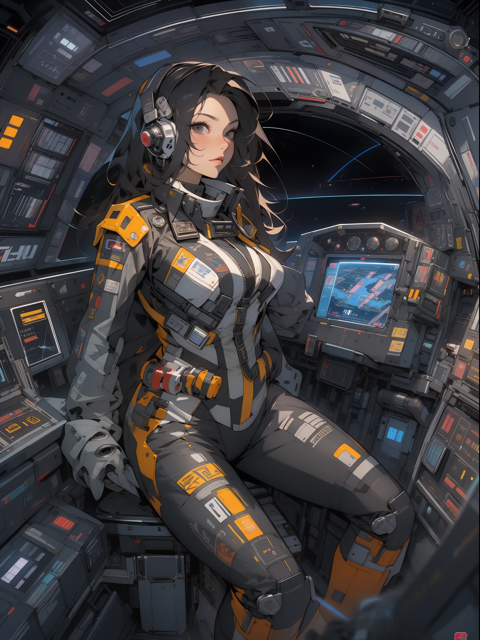 An adult female space fighter pilot inside the cockpit of her ship in a mega detailed suit, seated holding the stick and rejoined by detailed hyper control panels with dials, Buttons and levers, viseira cyberpunk, grafismos hi-tech por todo o traje, melhor qualidade, obra prima, pose sexy, corpo perfeito