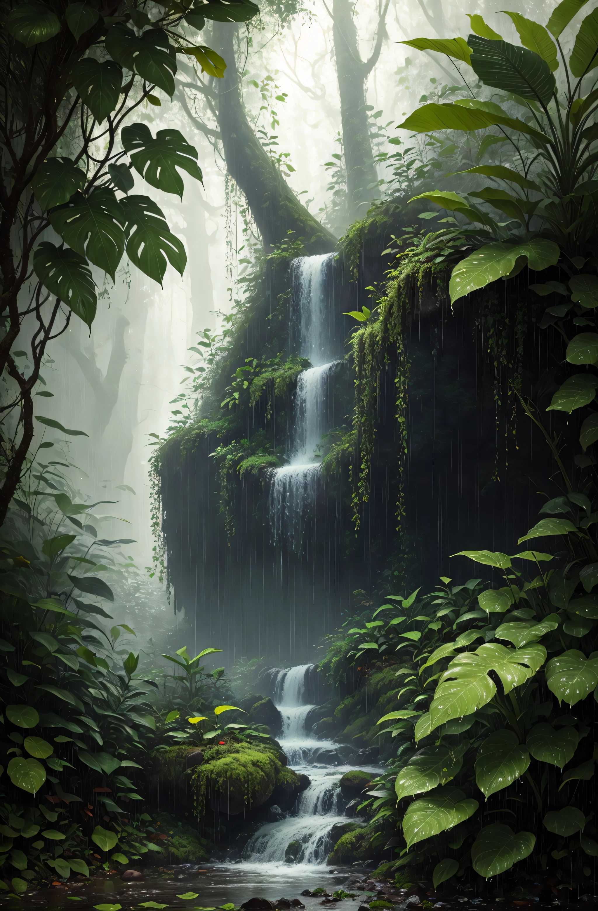 A jungle, with intense rainfall, monochromatic, vines all around, giant and wet trees, masterpiece, best quality, high quality, extremely detailed CG unity 8k wallpaper, oil paiting, award winning photography, Bokeh, Depth of Field, HDR, bloom, Chromatic Aberration ,Photorealistic,extremely detailed, trending on artstation, trending on CGsociety, Intricate, High Detail, dramatic, art by midjourney, volumetric lighting