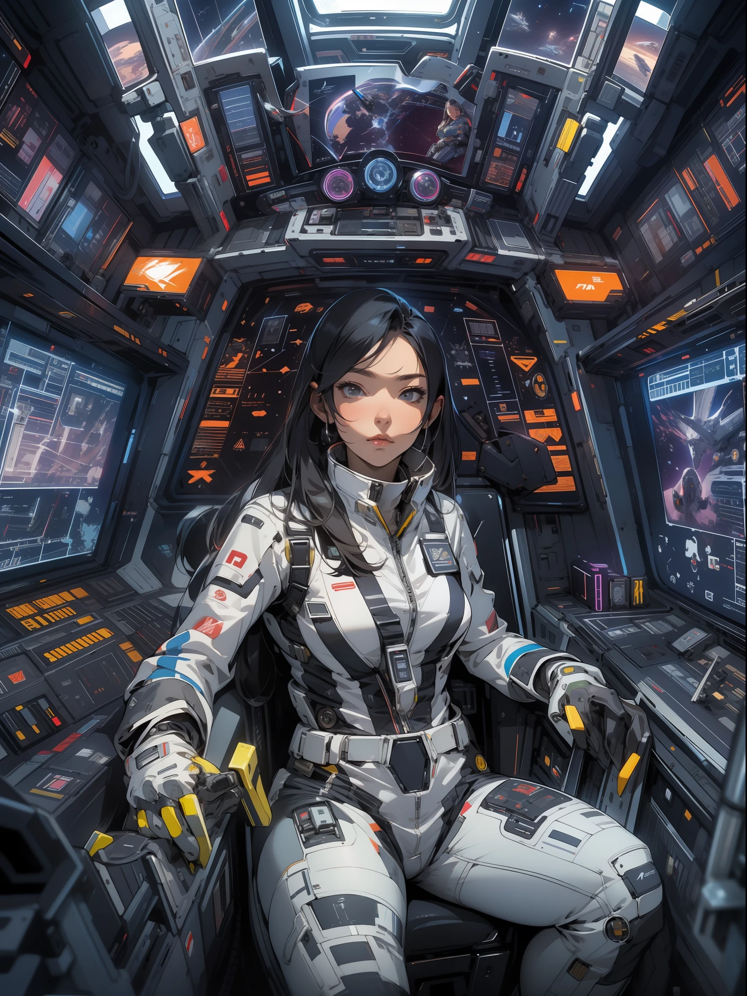 An adult female space fighter pilot inside the cockpit of her ship in a mega detailed suit, seated holding the stick and rejoined by detailed hyper control panels with dials, Buttons and levers, viseira cyberpunk, grafismos hi-tech por todo o traje, melhor qualidade, obra prima, pose sexy, corpo perfeito