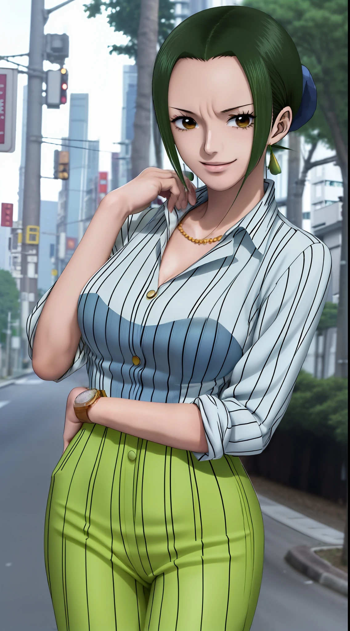 Makino from anime one piece, short hair, green hair, beautiful, beautiful woman, wears earrings, wears a watch on her left hand, perfect body, stands, wears striped formal shirt, wears yellow formal suit, yellow pants, wears formal dress, looking at the audience, smiling, being in the city of tokyo, being on the side of the road, in a public place