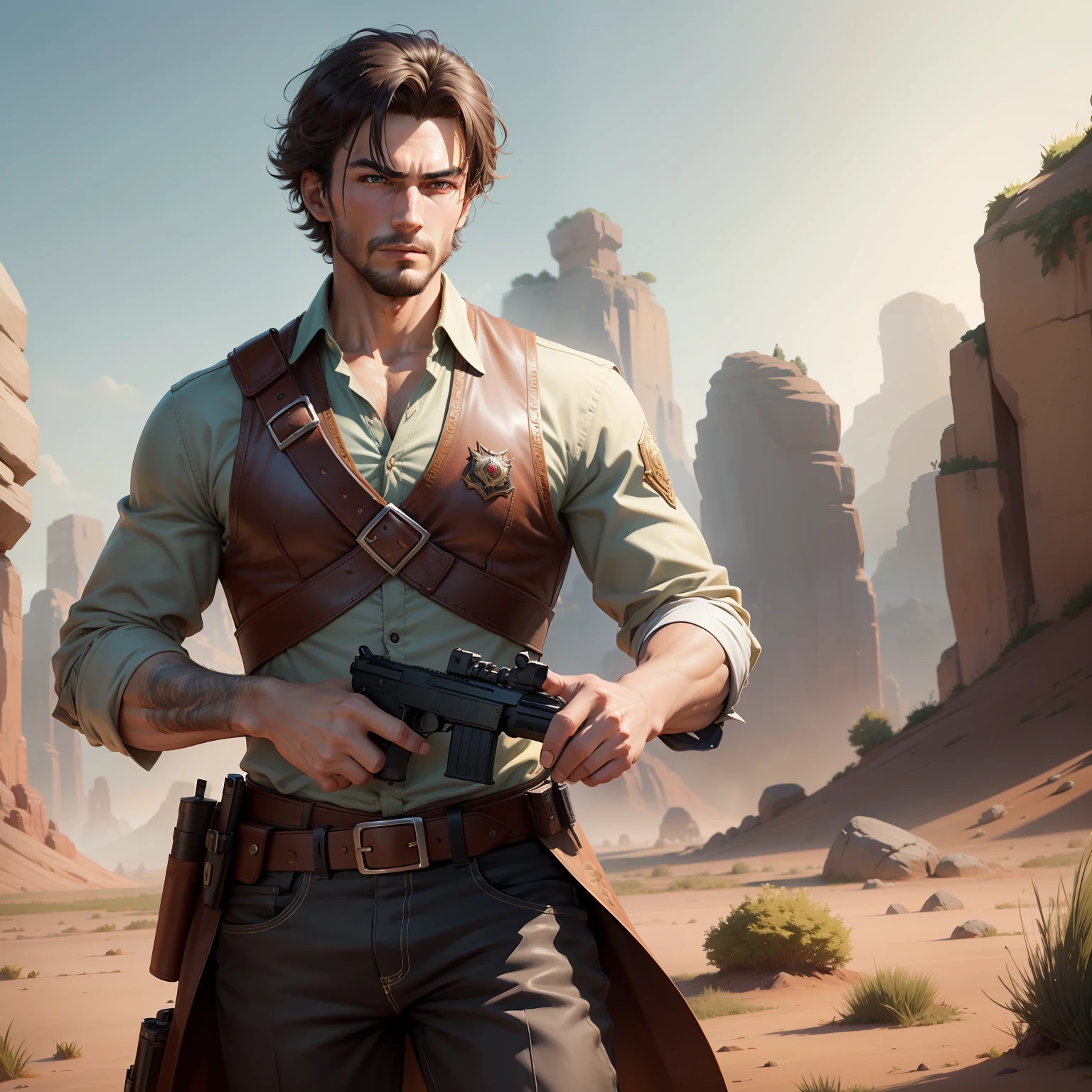 The animations are rich in detail,This is a high-quality 8K masterpiece。25 years old man,A mature and handsome,ultra-short hair:1.2,Western cowboy,fantasy,Take a gun as a weapon,grassland background