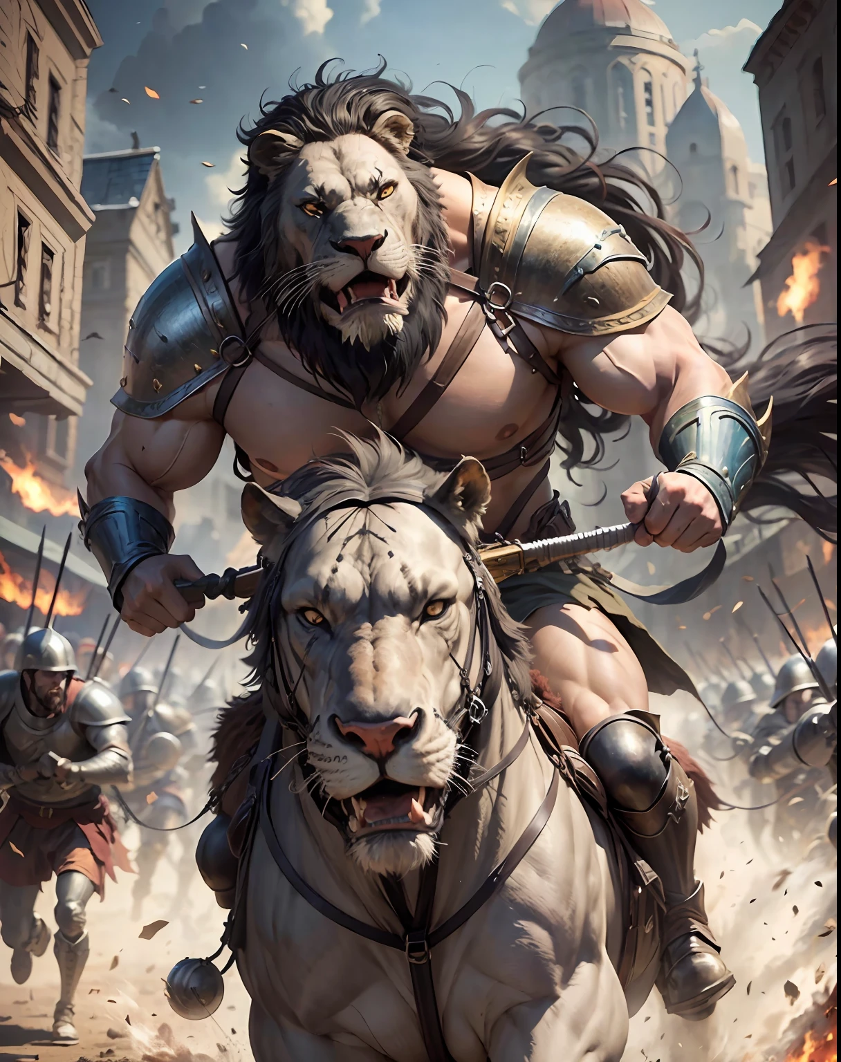 Bald beard medieval muscular warrior riding great Legendary roaring lion road of War bodies lying every wehere scene environnement super detailed hyper realistic