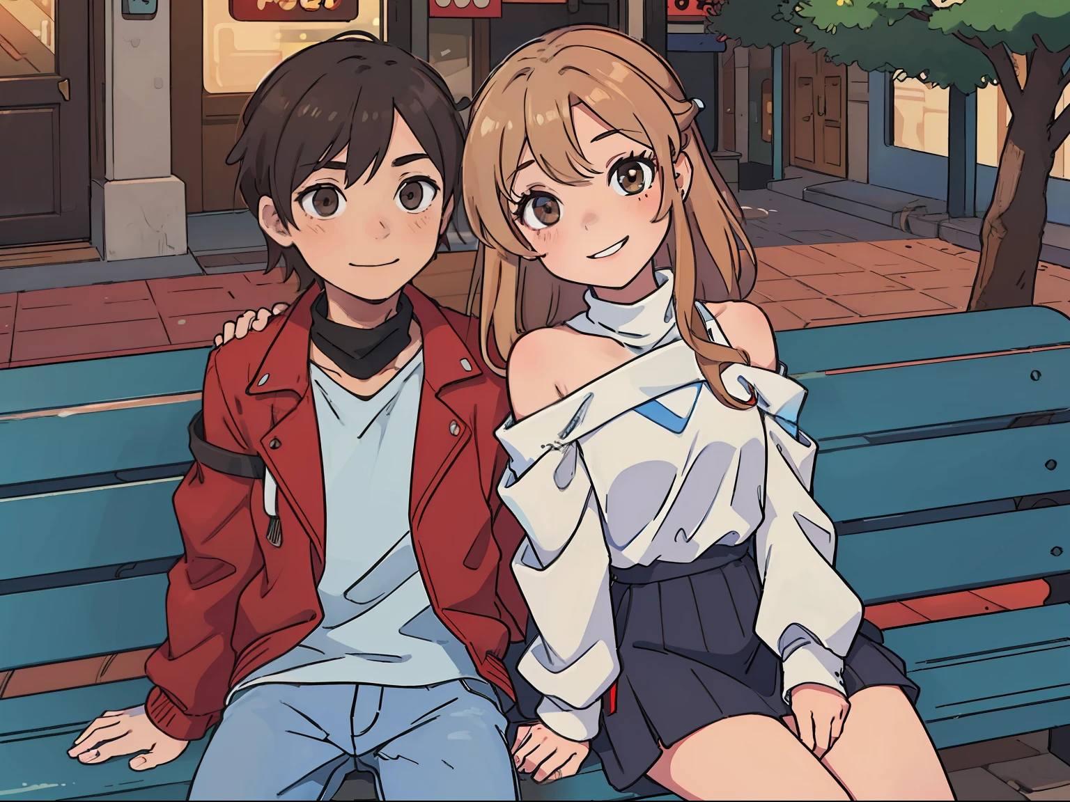 (Asuna1 sitting beside Boy1 on a bench), (Asuna1, female, long blond hair, brown eyes, blue off-shoulder turtleneck top, red short skirt, white sandals, smiling, blushing), (Boy1, male, short red brushed-up hair, red bandanna, brown eyes, black leather jacket, blue jeans, smiling), city sidewalk bench, head resting on shoulders, in love