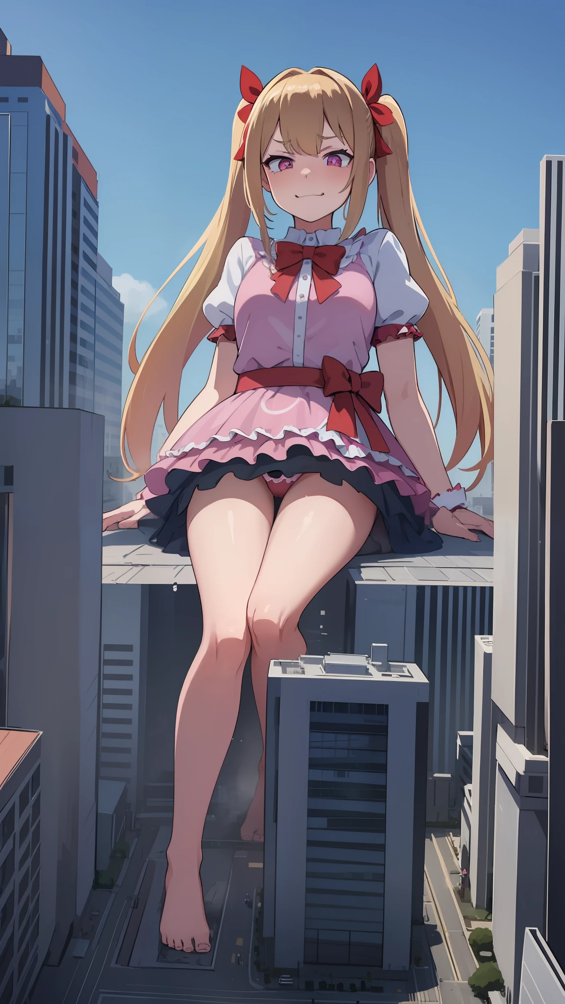 hiquality, tmasterpiece(One  Girl) blonde hair with two long ponytails and red bows on the ponytails, Cyan eyes, He furrowed his face with an evil smile, Pink T-shirt, panty, bare feet. Against the backdrop of street mourning for the city in the park. giantess. The city. building