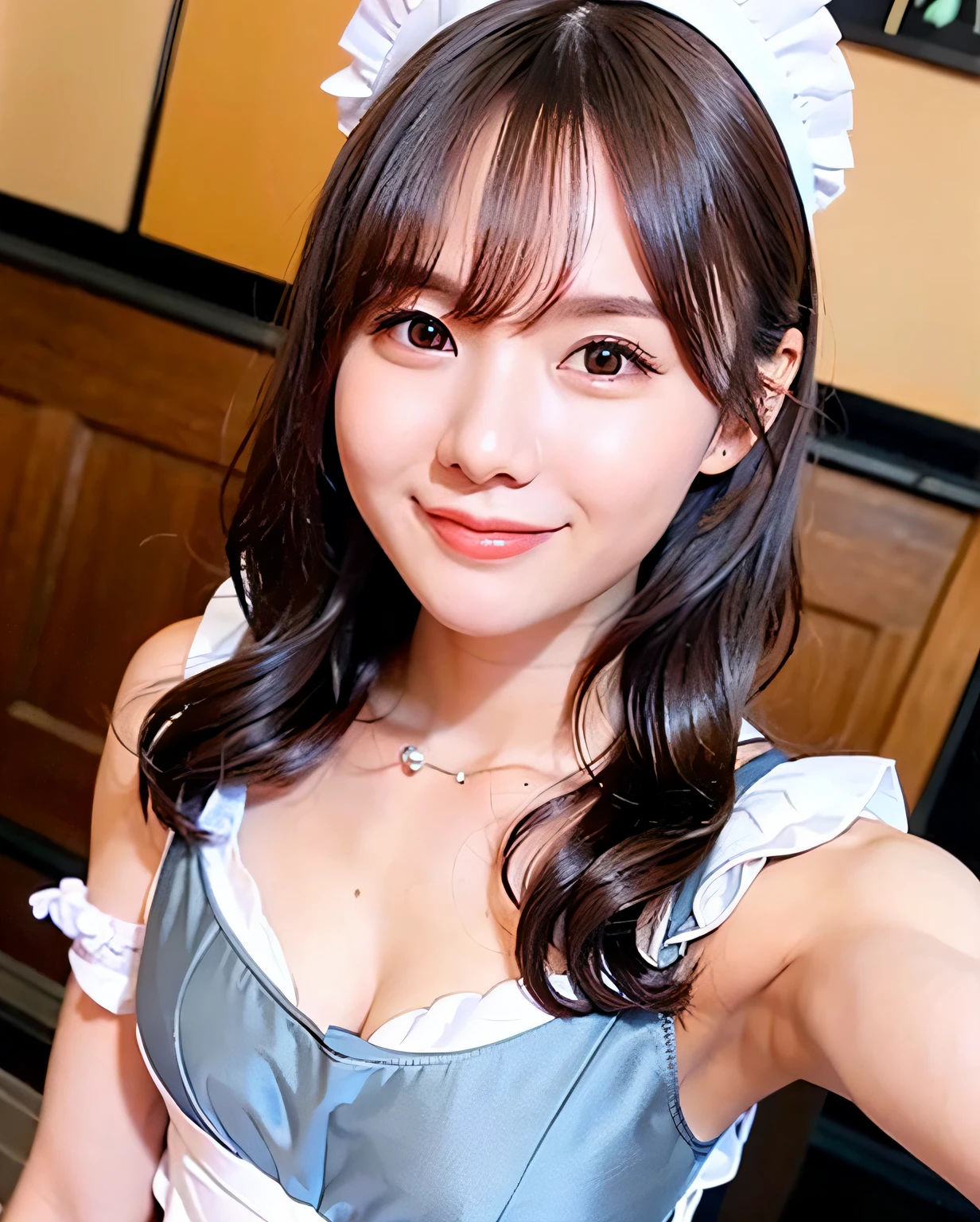 top-quality、Photorealsitic、8k、hight resolution、*** 1 人、femele、(Dents in the skin)、(profetional lighting)、(portlate:0.6)、(maid clothes:1.897)、a gorgeous、((Brown hair))、(Medium hair:1.6) )、(Fluttering hair:1.4)、(1 Girl's camera gaze:1)、((1 Girl's camera gaze:1.6))、(1 Girl's camera gaze)、Photorealsitic、(bokeh dof)、(portlate:0.6)、(Dynamic poses:1.2)、​masterpiece、Convoluted、realisticlying、Sharp focus、awardwinning photo、SFW、(a smile:1)、Yua Mikami