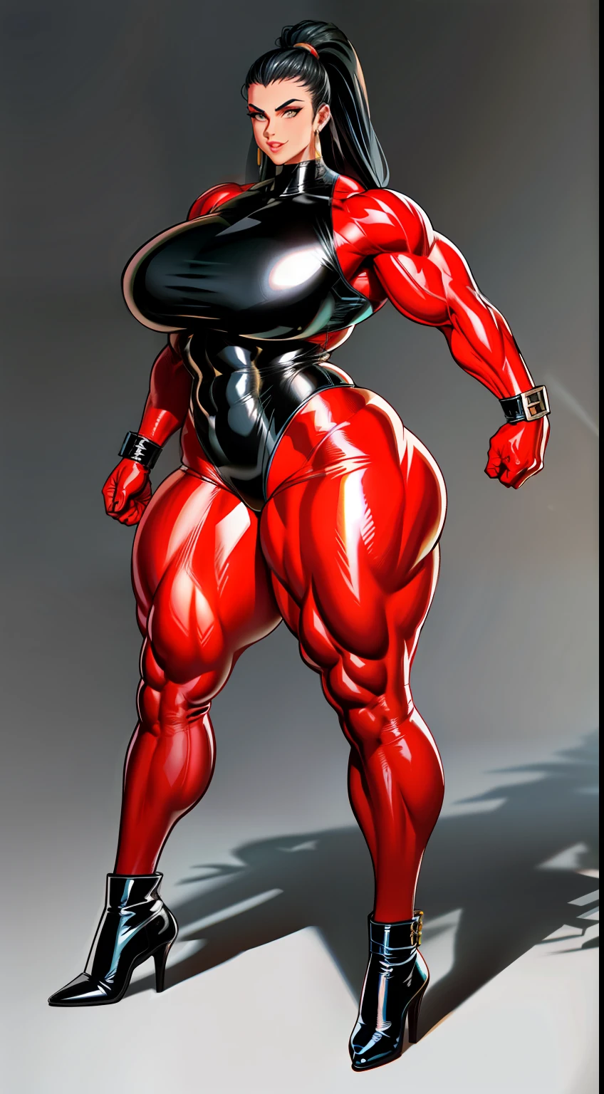 tmasterpiece,Burly woman,Exaggerated large muscles,latex suit,Pointed-toe boots,Beautiful face,ssmile,Full body like, Single female,Thin waist,Very broad shoulders, Strong and powerful arms,Strong and powerful leg muscles,thick calf,long leges