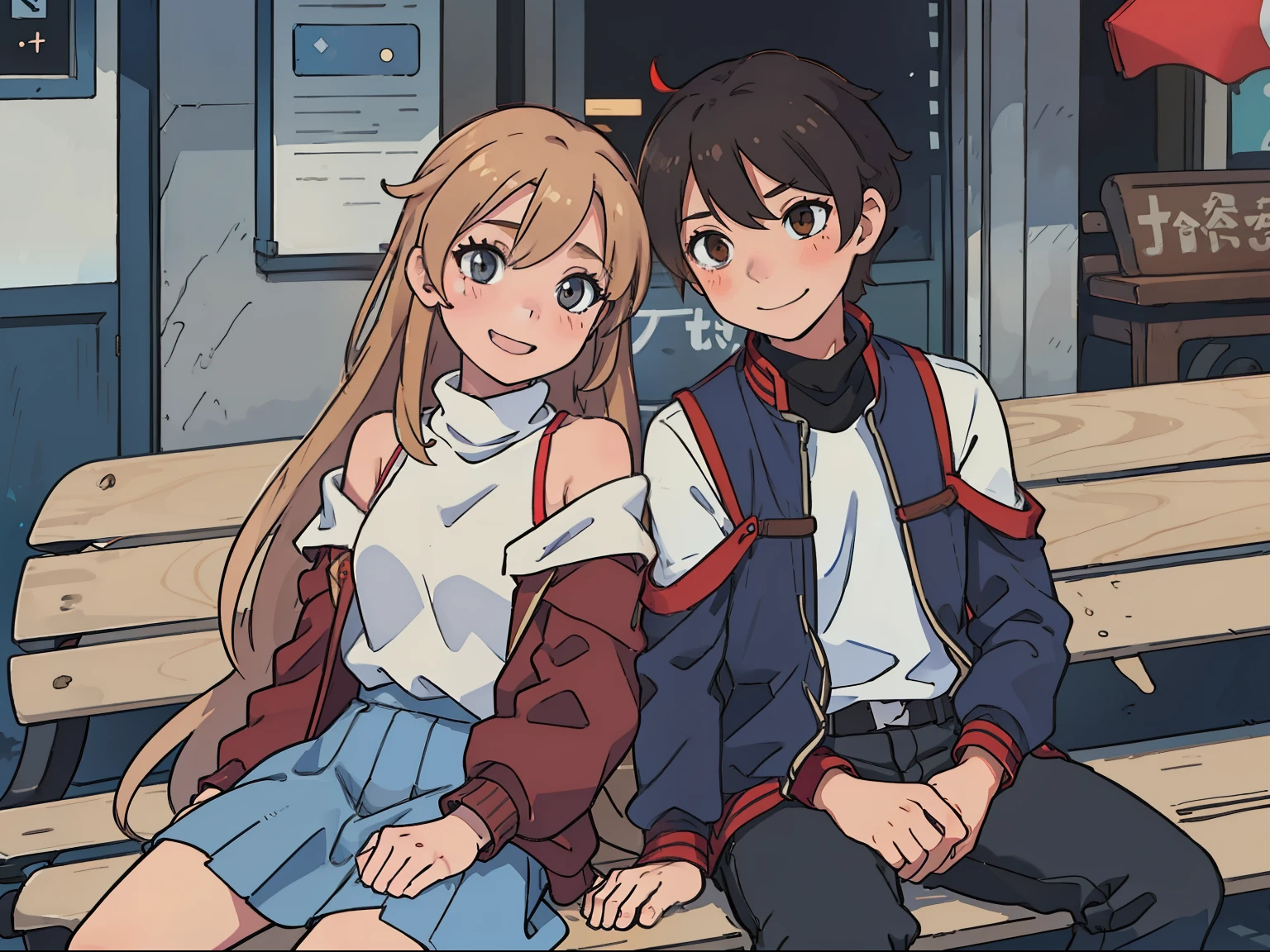 (Asuna1 sitting beside Boy1 on a bench), (Asuna1, female, long blond hair, brown eyes, blue off-shoulder turtleneck top, red short skirt, white sandals, smiling, blushing), (Boy1, male, short red brushed-up hair, red bandanna, brown eyes, black leather jacket, blue jeans, smiling), city sidewalk bench, head resting on shoulders, in love