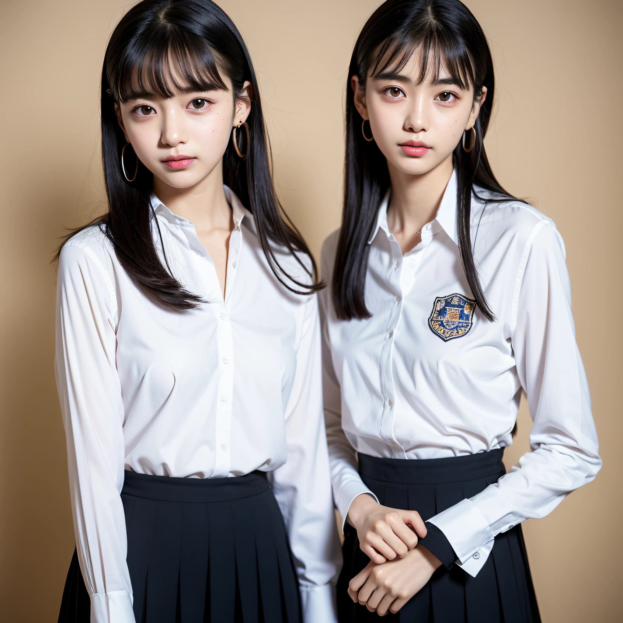 Raw photo of K, High resolution, Small,  Bust up, bossy pose, moody smile,  School uniform, Tight shirt, Skirt, School Classroom, School Desk, Beautiful thighs, Beautiful girl at 16 years old, Round face, Baby face, Very thin mouth, beautiful eyes in detail, long eyelashes, Beautiful double eyelids, Three white eyes, Duck mouth, Blunt bangs, , earrings, Necklaces, Black hair,