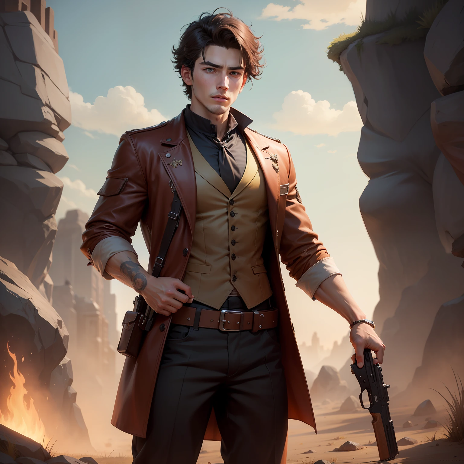 The animations are rich in detail，This is a high-quality 8K masterpiece。25 year old man，He is mature and handsome，Super short hair:1.2，Western cowboy dress-up，fantasy，Take a gun as a weapon，grassland background，Fire elemental magic