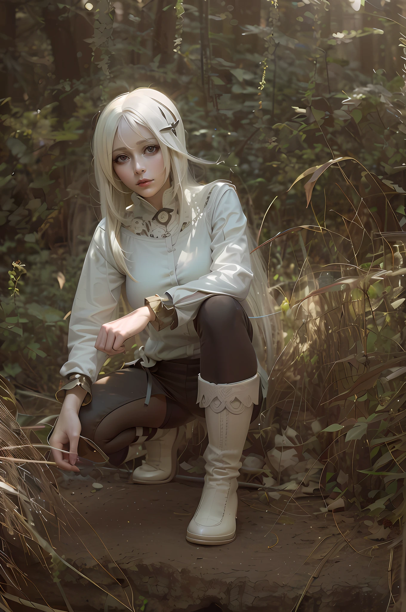 there is a woman kneeling on a rock in the woods, nier inspired, nier:automata inspired, nier : automata inspired, anime girl cosplay, girl with white hair, white haired, perfect white haired girl, white-haired, anime cosplay, bravely default inspired, cosplay photo, tifa lockhart with white hair, nier, the anime girl is crouching