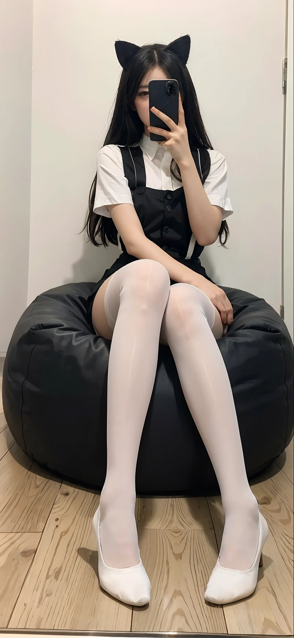Arakfi sat on the bean bag，Take a selfie with your phone in the mirror, Black socks with suspenders ，blackstockings，lacepantyhose, Anime Barbie in suspender black stockings, Stockings, With black sock suspenders ，blackstockings，lacepantyhose, There are no shoes on the thighs, white with black spots, Wearing white tights, thighs high socks, White tights, wearing in stocking, Beautiful arms and legs, Wearing stockings, Close-up of legs with beautiful hands with cat ears on the head