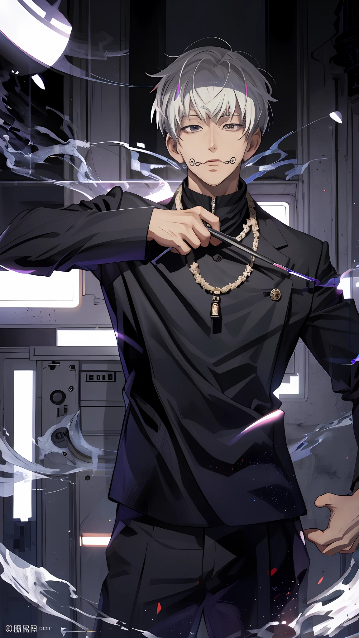 (ultra detailed, HDR), best quality, 1man, solo, handsome, short hair, inumaki toge, facial tattoo, white hair, black pants, closed mouth