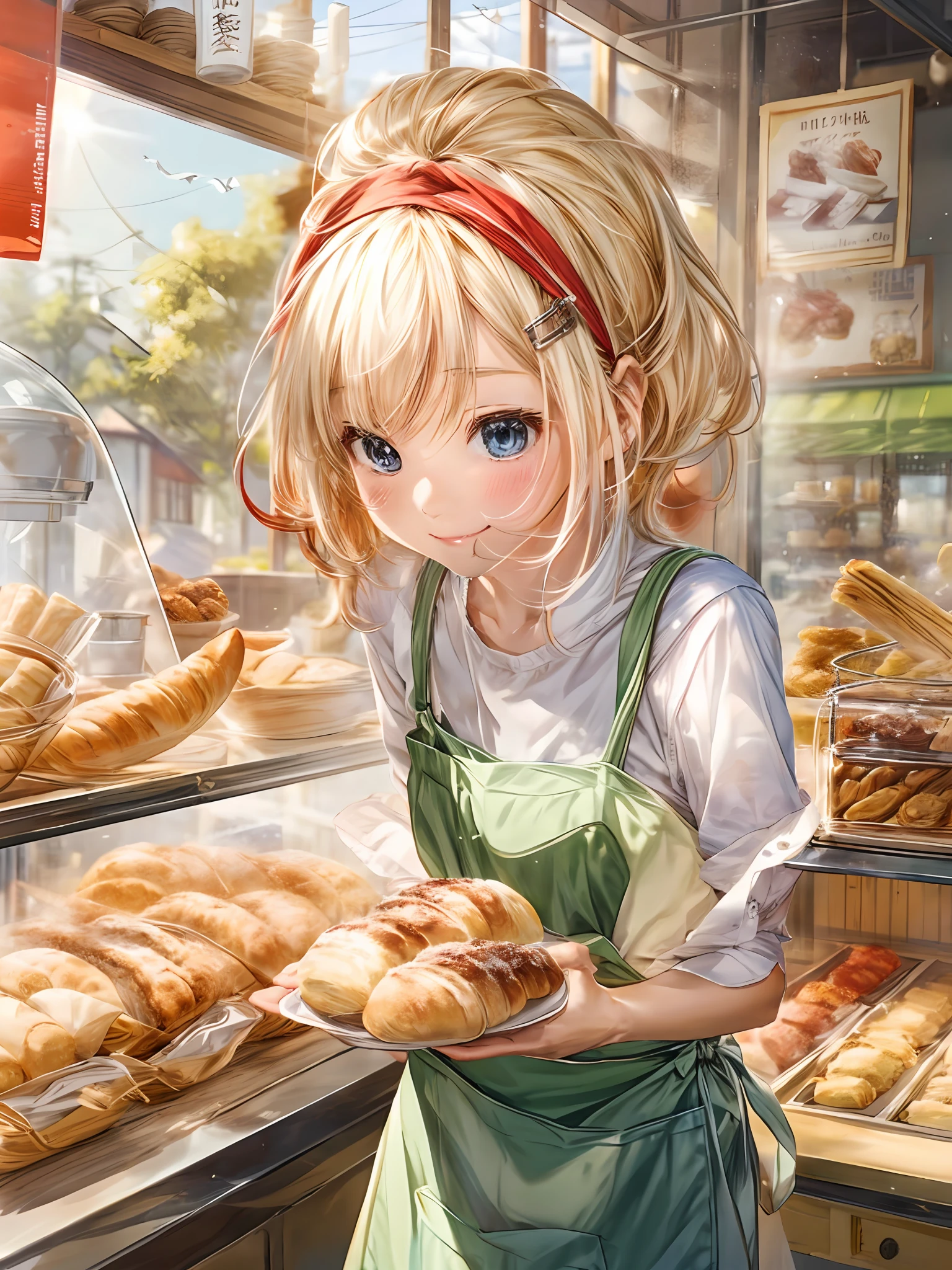 The subject is a young blonde woman。Her eyes are blue and、There is a small dullness at the corner of the eye.。Tired of preparing for a long day and、The anticipation of a new day is reflected in her eyes。She was wearing a bright red apron.、Smiling and holding a freshly baked baguette in his hand。Her skin turns white、Transparency is increased by sunlight。 What to wear、She wears a white short-sleeved blouse and a bright red apron.。From the pocket of the apron、A small notebook and writing utensils are slightly visible。Her feet are in comfort shoes、You can feel her ease of movement.。 Her pose is、Lift the baguette in one hand、The other hand is in the pocket of the apron。The face is facing up at an angle.、You can see them smiling at customers and passers-by in the distance.。 The background is、A small wooden bakery shop is spreading.。At the entrance of the store「good morning!」A handwritten sign is hung。Lush plants and flowers are planted around。From afar、You can hear the birds chirping and the liveliness of the town。Across the road、The morning view of the sun begins to rise。 Other elements、There are several sets of wooden tables and chairs in front of the bakery.。Newspapers and coffee cups are placed on the table。Person walking in front of the store々In the、People who are attracted by the fragrant smell of the bakery and stop their feet,、People exchanging greetings々There is a figure of。