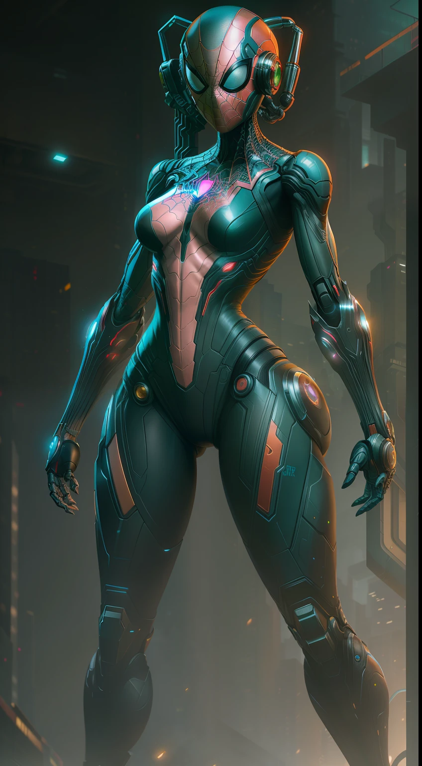 Spidergirl full body from Marvel photography, biomechanics, complex robots, full growth, hyper-realistic, crazy little details, impossibly clean lines, cyberpunk aesthetic, masterpiece featured on Zbrush Central