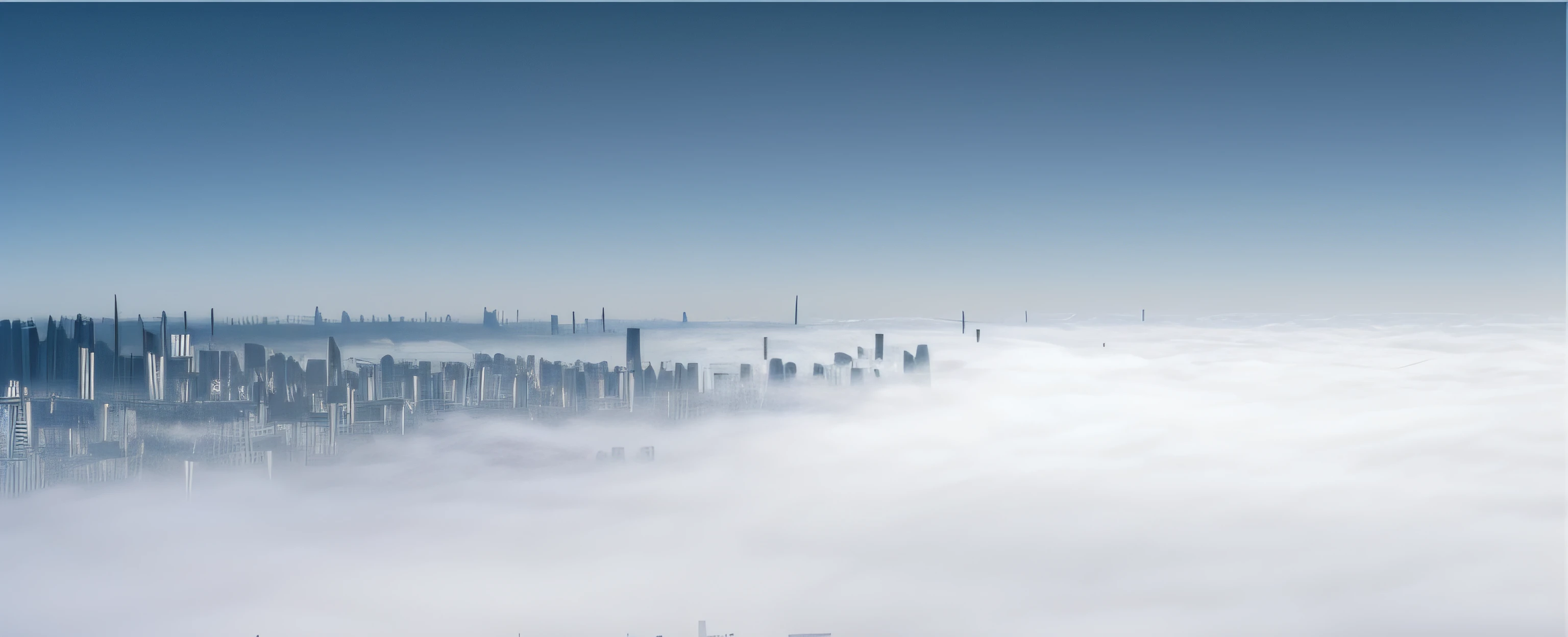 Portrait of a city in the clouds，Planes fly on it, city in the clouds, Urban fog, a city in the clouds, Low fog layer, Heavy fog, Fog blanket, floating city on clouds, Artificial fog, Super dense fog, uneven dense fog, Low fog, dense fog, mist below buildings, Billowing fog, layered fog