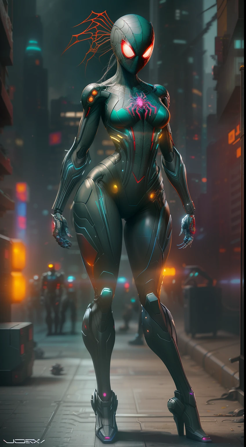 Spidergirl full body from Marvel photography, biomechanics, complex robots, full growth, hyper-realistic, crazy little details, impossibly clean lines, cyberpunk aesthetic, masterpiece featured on Zbrush Central