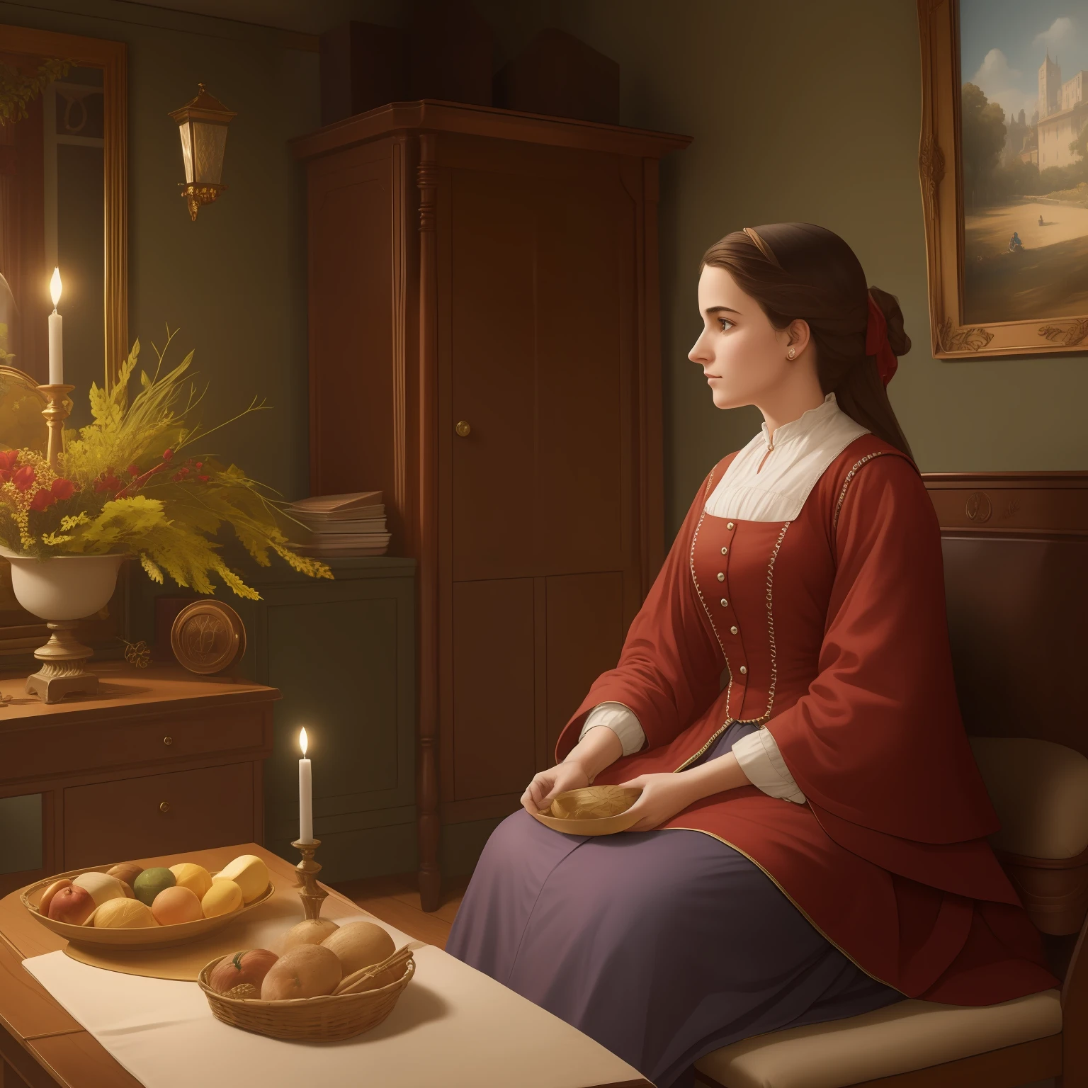 Imagine uma mulher jovem de 23 anos doente em seu leito de dor, Realistic photo of the nineteenth century, Colors of the Season,
