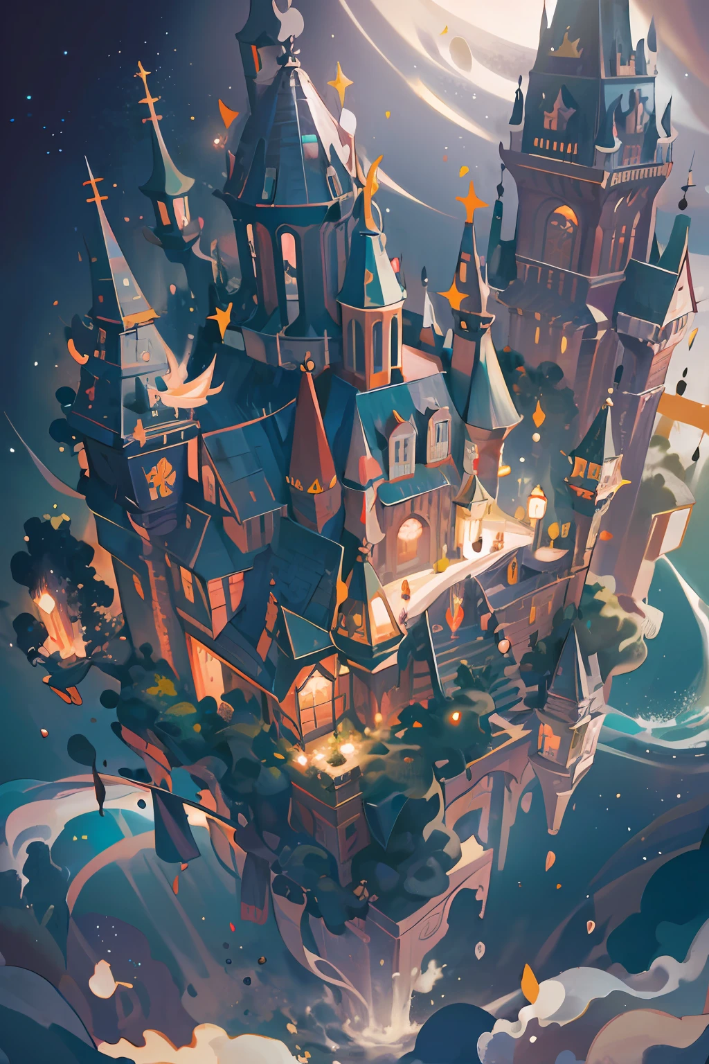 (masterpiece:1.2), {{{best quality}}}, {{ultra-detailed}}, {illustration}, cinematic angle, {detailed light},cinematic lighting, flying castle, scenery, solo, sky, outdoors, fantasy, light particles, cosmic