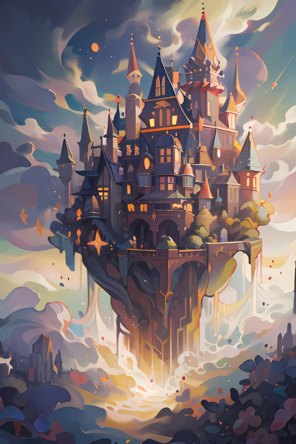 (masterpiece:1.2), {{{best quality}}}, {{ultra-detailed}}, {illustration}, cinematic angle, {detailed light},cinematic lighting, flying castle, scenery, solo, sky, outdoors, fantasy, light particles, cosmic