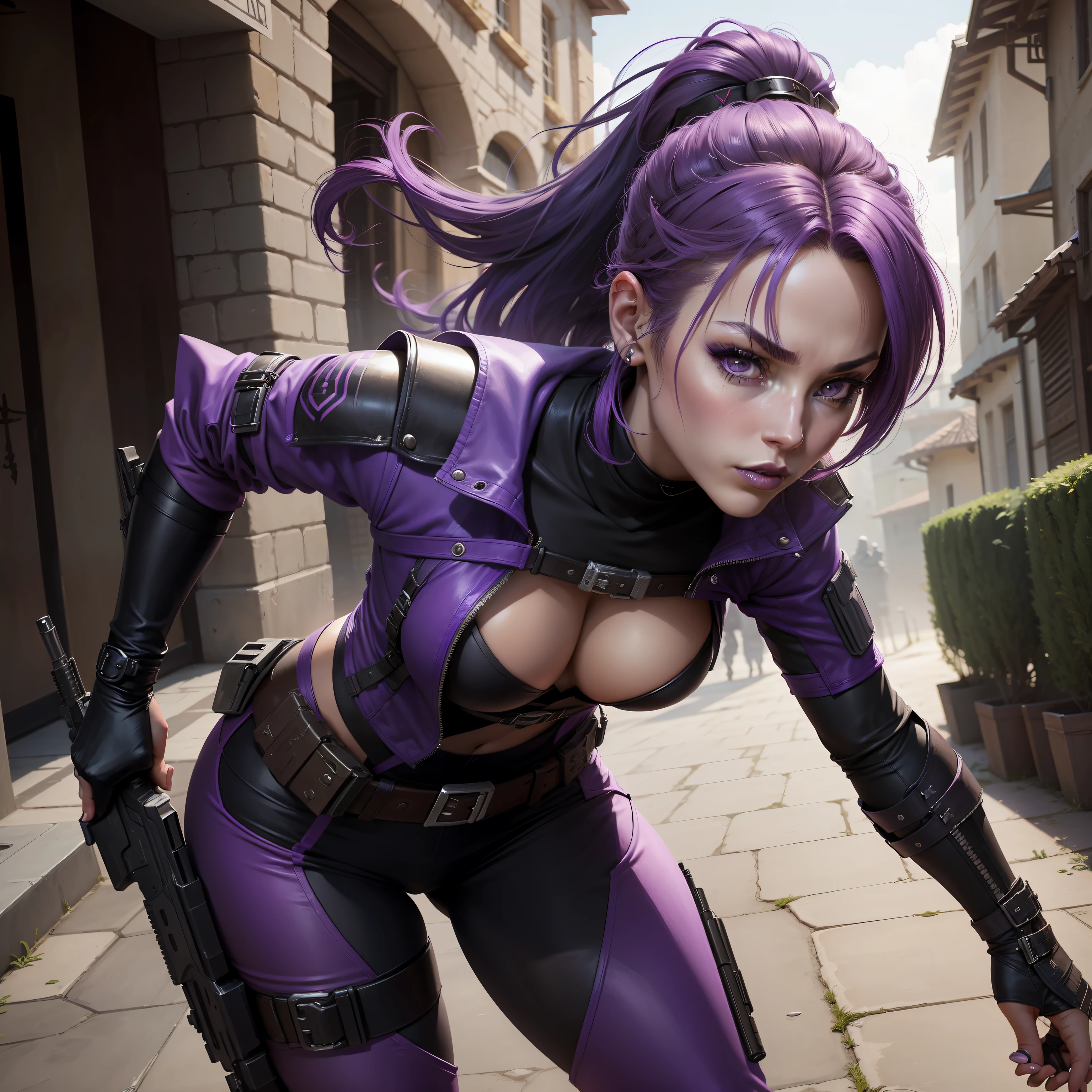 a closeup of a woman with a gun, female assassin, gothic ninja, a daring teenage assassin, female assassin rouge, in a mercenary outfit, dressed in stealth armor, female sigma,, dystopian bounty hunter, female spy, female thief, wearing dark purple armor, Assassin, purple hair, Purple Lipstick.