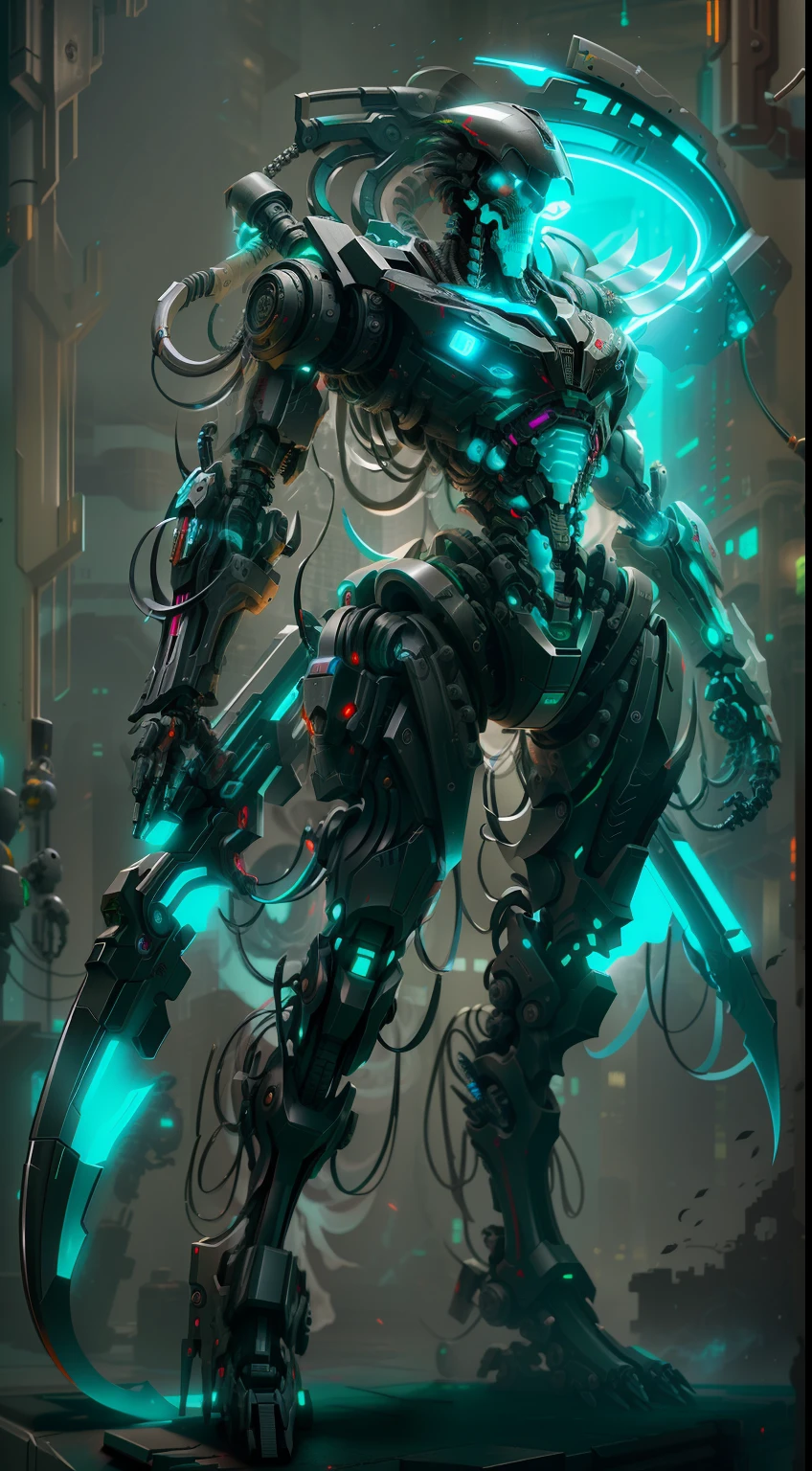 Grim reaper, biomechanics, complex robot, wields scythe, full growth, hyper-realistic, crazy little details, super clean lines, cyberpunk aesthetic, masterpiece featured on Zbrush Central