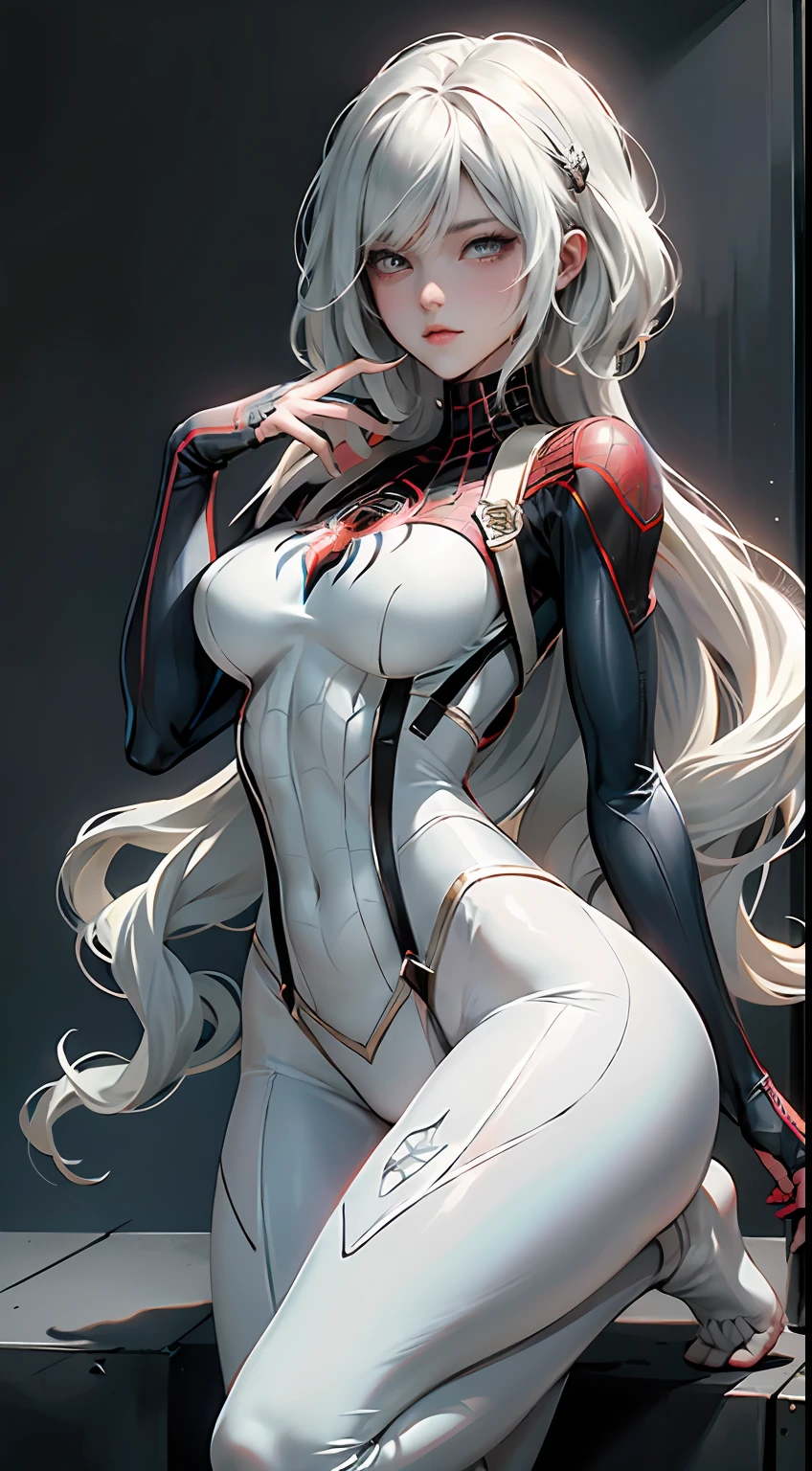 The sleeping female version of Spider-Man，gwyn，White slim tights，Spider vector logo on chest，cabellos largos dorados，adolable,Seductive pose，The barefoot，perfect bodies，Suspenders，No shoes，Toes,Spider-Man cosplay,Spider cuirass covered，Mecha Spider-Man costume，Detailed spider silhouette body with Spider-Man roleplay,Cute white slim fit leggings，There are also Gundam wallpapers on the wall,