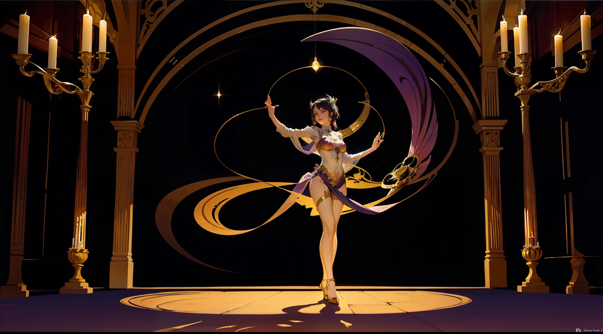 Una imagen en estilo art nouveau, Surrealista y abstracto. A woman dances in a dark room lit by several candles, Su sombra reflejada en la pared tiene la forma de un demonio..