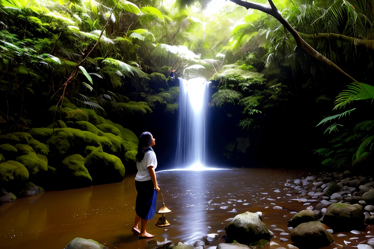 oriental de dez anos passeando no bosque a luz da lua admirando a cachoeira