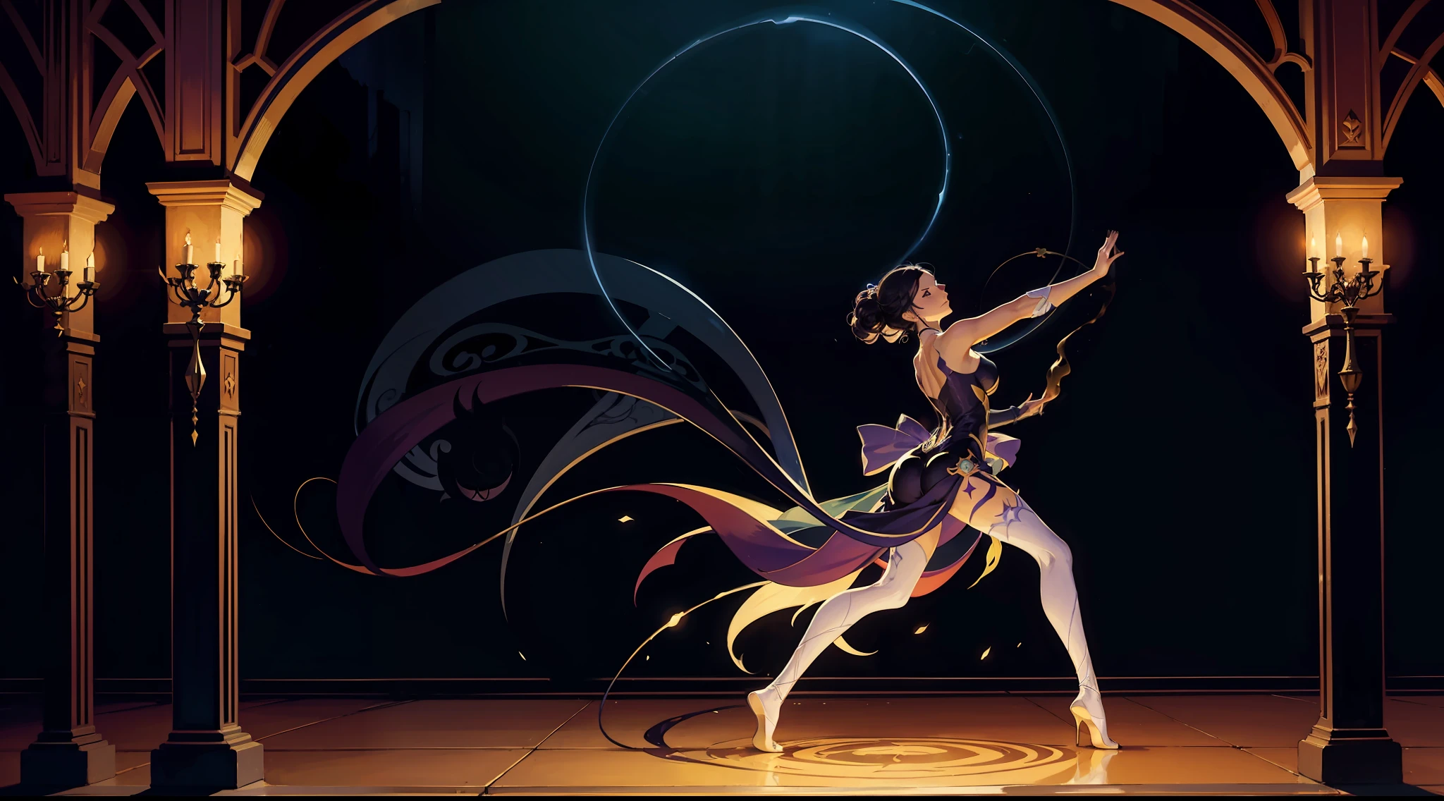 Una imagen en estilo art nouveau, Surrealista y abstracto. A woman dances in a dark room lit by several candles, Su sombra reflejada en la pared tiene la forma de un demonio..