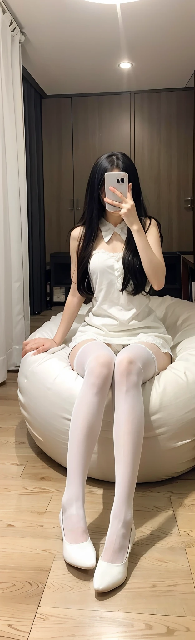 There was a woman, Arakfi, sitting on a bean bag,,Take a selfie with your phone in the mirror,Holding a teddy bear in his hand, anime barbie in white stockings, White Cat Girl, Full length and white stockings, Anime girl in real life, very beautiful cute catgirl, kerli koiv as anime girl, Anime girl cosplay, Wearing white tights, sitting in her room, sitting on her bed, White tights, White stockings