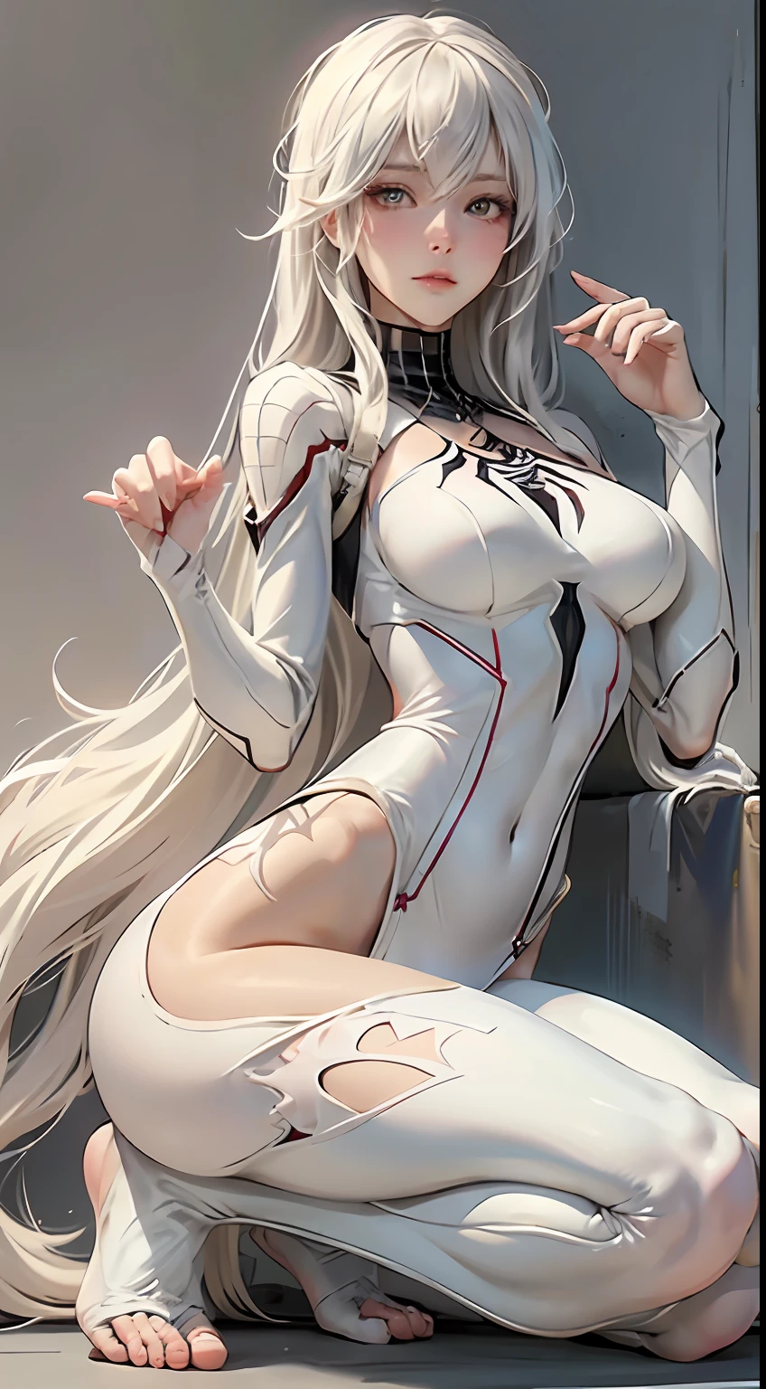 The sleeping female version of Spider-Man，gwyn，White slim tights，Spider vector logo on chest，cabellos largos dorados，adolable,Seductive pose，The barefoot，perfect bodies，Suspenders，No shoes，Toes,Spider-Man cosplay,Spider cuirass covered，spiderman outfit，Detailed spider silhouette body with Spider-Man roleplay,Cute white slim fit leggings，There are also Gundam wallpapers on the wall,