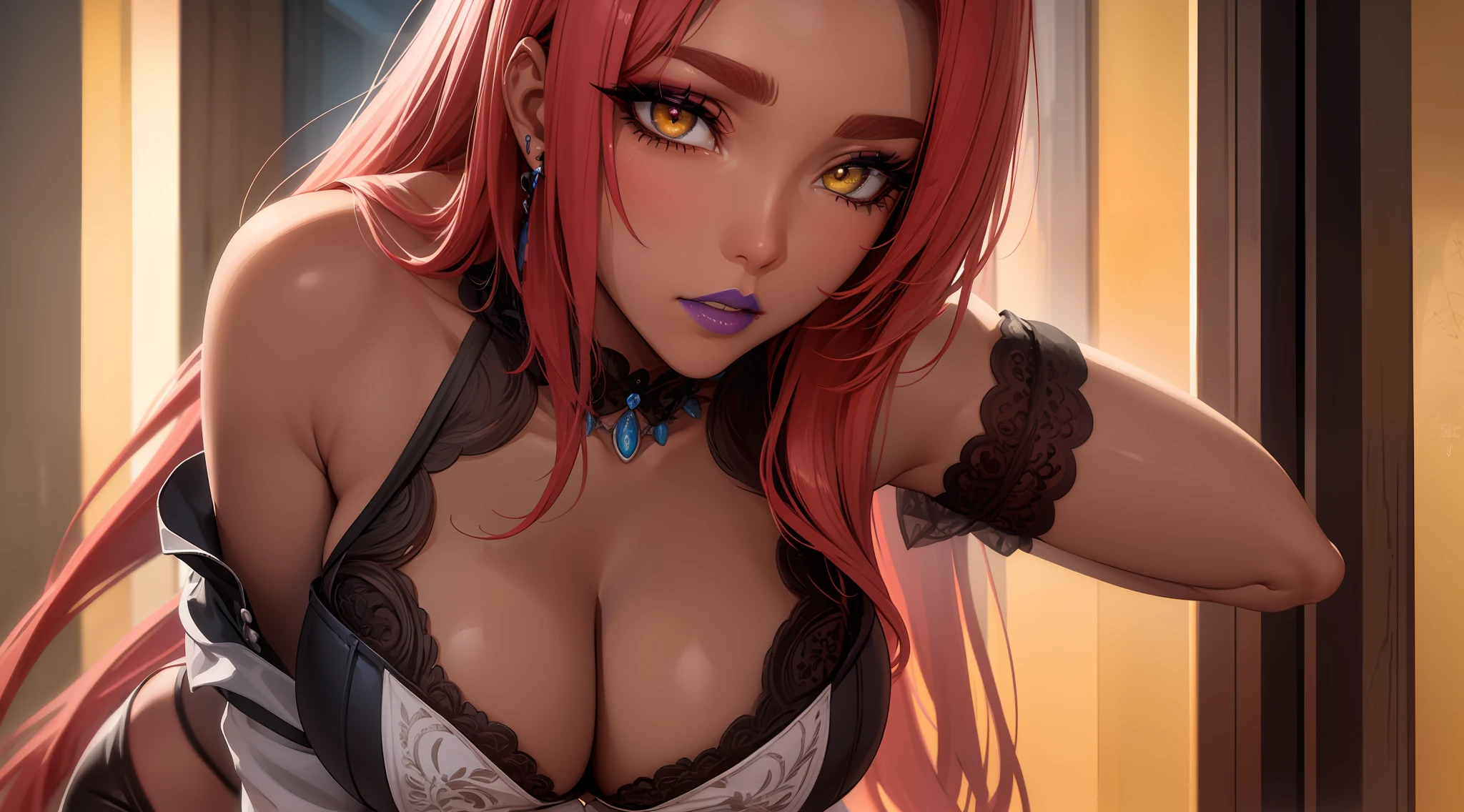 (masterpiece, highres, high quality:1.2), intricate details, cinematic lighting, sharp focus, depth of field, Ingrid, 1girl, mature female, (dark-skinned female:1.1), dark skin, standing pose, seductive expression, ((cowboy shot:1.4)), looking at viewer, bedroom, caring, seductive, kind, [pink|red] hair, very long hair, hair intakes, makeup, lipstick, (mole under mouth:0.8), eyelashes, yellow eyes, ultra detailed eyes, ultra detailed face, ultra detailed lips, ultra detailed lipstick, ultra detailed makeup, posing, beautiful pose, (solo:1.4)