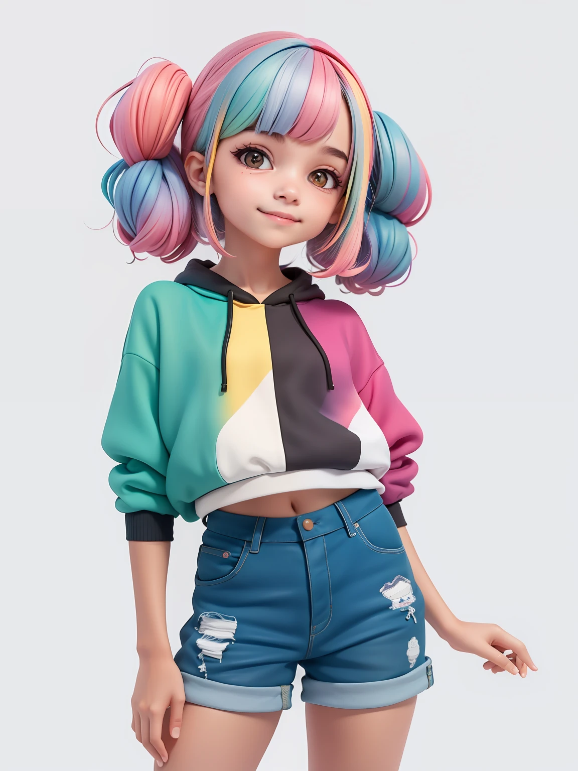 (obra-prima), (melhor qualidade), (ultra-detalhado), (corpo inteiro: 1.2) adolescente, moletom, capuz, touca, sorriso claro, corpo inteiro, :3, cabelo colorido e preso, modern accessories, fundo tom pastel , colorido e simples.