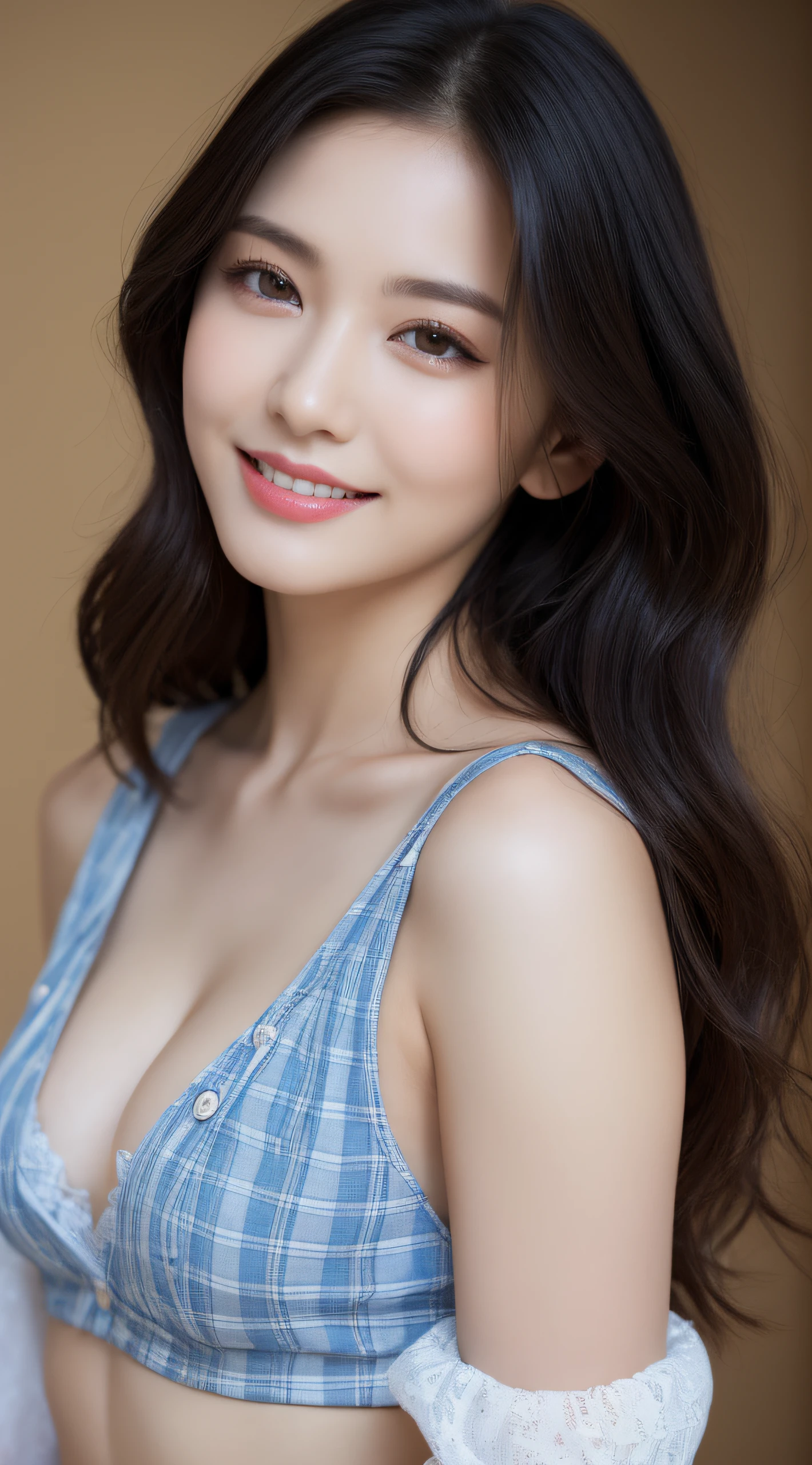 high detal，8K分辨率，超高分辨率，Best image quality，a beauty girl，lipsticks，Love pupils，Peerless beauty，Messy black straight hair，shoulder-length short hair，（Coiled hair）Smooth hair，Intense and beautiful makeup，Exquisite and perfect facial features，the most beautiful big eyes，Be red in the face，Sweet smile，（Wearing a blue lace shirt with buttons，tiese ，Plaid pleated skirt）Open navel，Thin waist，（Full breasts）Get close to the viewer，dynamic angle，Extreme picture quality，Highest accuracy, CG unity (extreme) detail 8k wallpaper, masterpiece, best quality:1.2), 8k, a stunning landscape, surreal, realistic, 1 young girl, beautiful, sexy, body stunning figure, perfect body beauty, full body, stylish, camera angle, long hair, slim waist, very detailed facial and skin structure, glittery eyes, soulful eyes, pretty eyes, Double eyelids, Fair skin, harmonious facial details, fair skin, charming smile