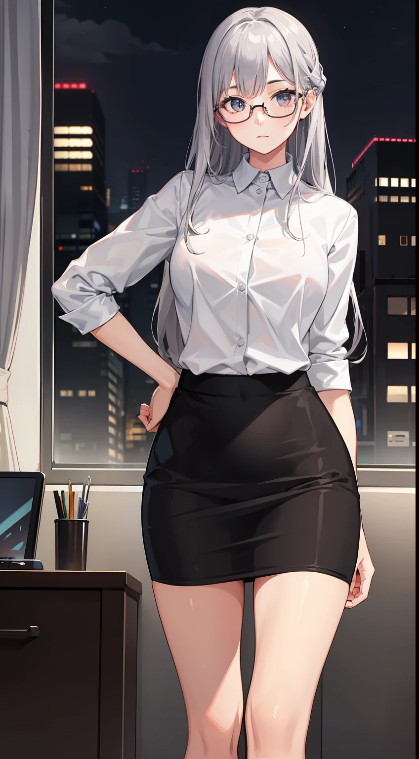 night, office, 1 girl, solo, glasses, white shirt, short black pencil skirt, half body model, long silver hair