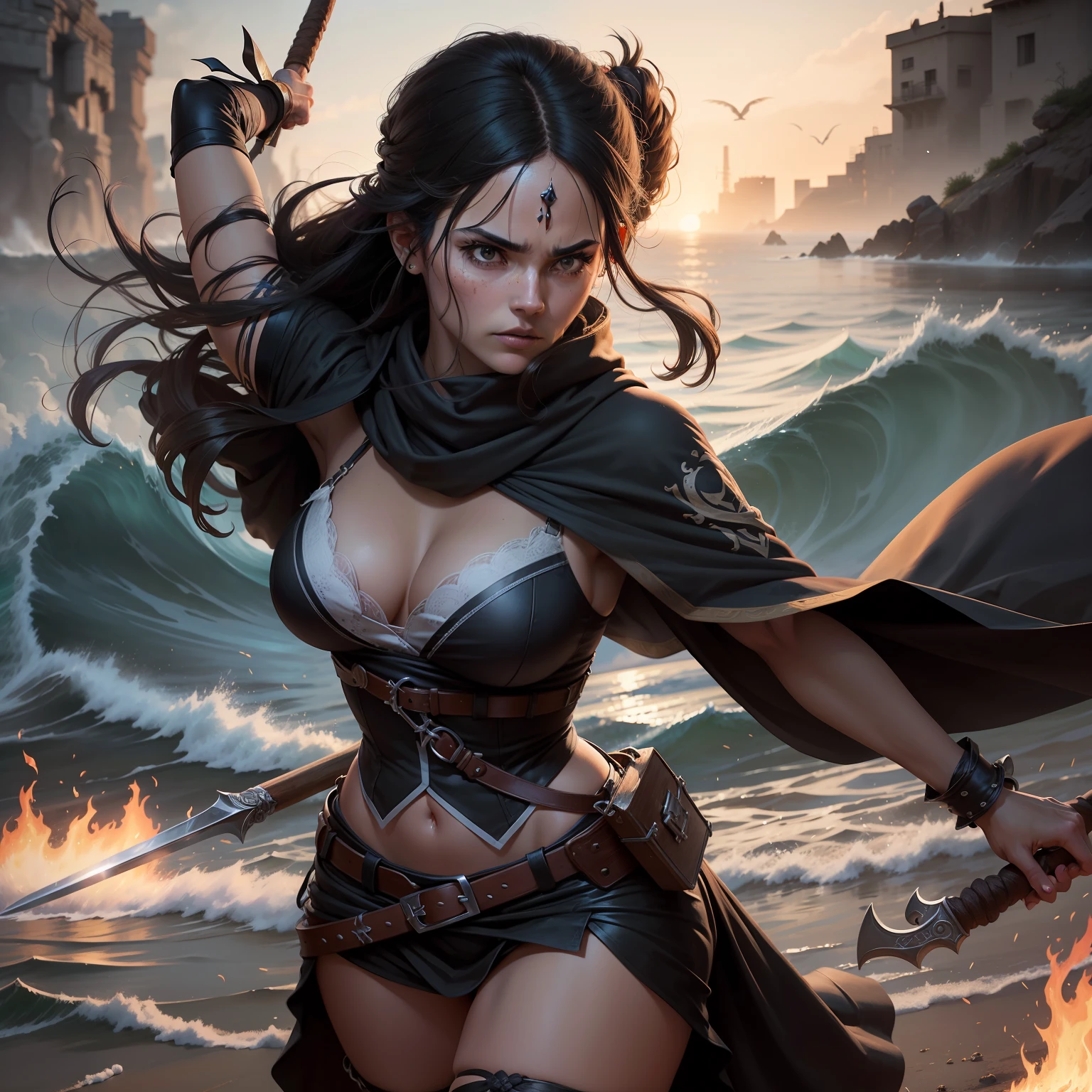 In the midst of chaos and destruction, a pirata de bandana preta e roupas negras emergiu das chamas com uma aura imponente. Seus cabelos longos, Smooth and black swayed in the wind as she braved the approaching dangers.
Her serious face reflected the determination and courage that guided her through the battles. With piercing eyes and a fearless expression, She stood out amid the chaotic scenery. Seu semblante era o de uma guerreira impiedosa, pronta para enfrentar qualquer desafio que aparecesse em seu caminho.
In your firm hands, ela segurava uma espada de prata reluzente, adornada com um cabo de rubi. The cutting blade glowed under the glow of the fire, reflecting the strength and cunning of its bearer.
Despite the fury and destruction around him, a pirata de bandana preta permanecia calma e focada. Her unwavering spirit and unparalleled skill with the sword made her a feared opponent by anyone who crossed her path.
Ela era uma lenda entre os mares, Known for her ruthless justice and code of honor. It didn't matter how intense the battle became, She never let her emotions overwhelm her, sempre mantendo sua postura corajosa e decidida.
Enquanto o fogo se alastrava ao seu redor, The pirate in the black bandana stood firm in her mission. Her shadowy presence and unbeatable skill made her a legendary figure in the oceans, A symbol of power and courage.
E assim, ela continuava a lutar, Facing adversity with unwavering determination. Com sua espada de prata e rubi, She cut the way through the destruction, Leaving a trail of courage and resilience wherever he went.