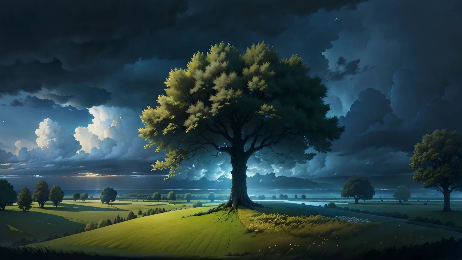 High quality, Master quality, 4K, Pluie de minuit, highly detailed, orage, Nuages orageux sombres, Impetuous wind, Flat grass landscape, Terres humides, Few giant trees, Uniform lighting, dramatic lighting, Style anime
