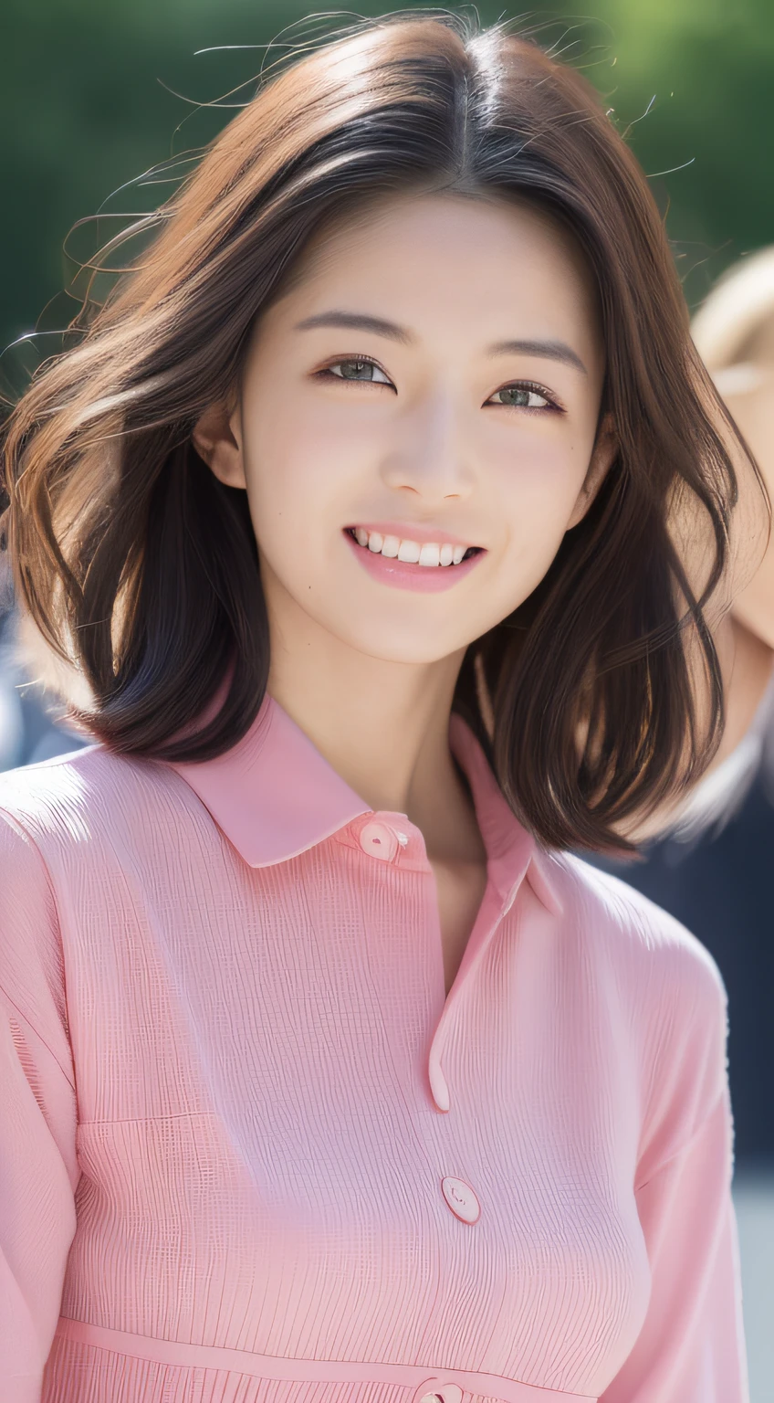((Best Quality, 8K, masutepiece :1.3)), Sharp Focus :1.2, Perfect Body Beauty:1.4, Slim abs:1.2, ((Layered hairstyle:1.2)), (PINK SHIRT:1.1), (Street:1.2), Highly detailed face and skin texture, Detailed eyes, Double eyelids, Smile,pupils、校服、schools