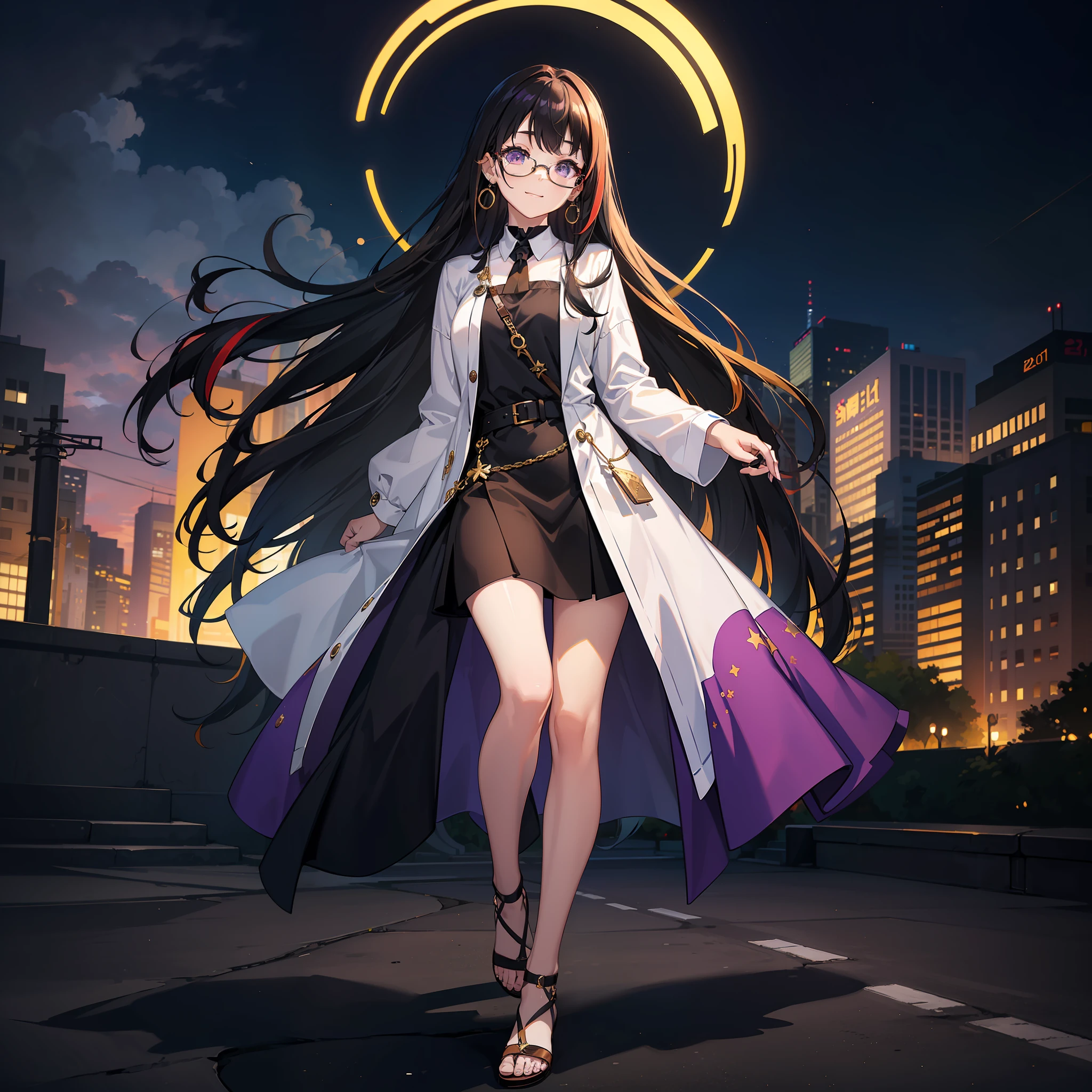 (masterpiece), best quality, expressive eyes, perfect face, 1girl, solo, bluntbangs hair, (illustration: 1.1), (best quality), (beautiful and clear background: 1.25), (extremely detailed CG unity 8k wallpaper: 1.1), (colorful: 0.9), (depth of field: 0.75), 
(detailed eyes: 1.4), golden eyes, (multicolored hair: 1.2), black hair, bright eyes, multi line in hair, glasses, long hair
(purple shirtdress: 1.4),collar, earrings, sandals,
looking_at_viewer, smile, park, outdoor, night, detailed night lamp, close up,